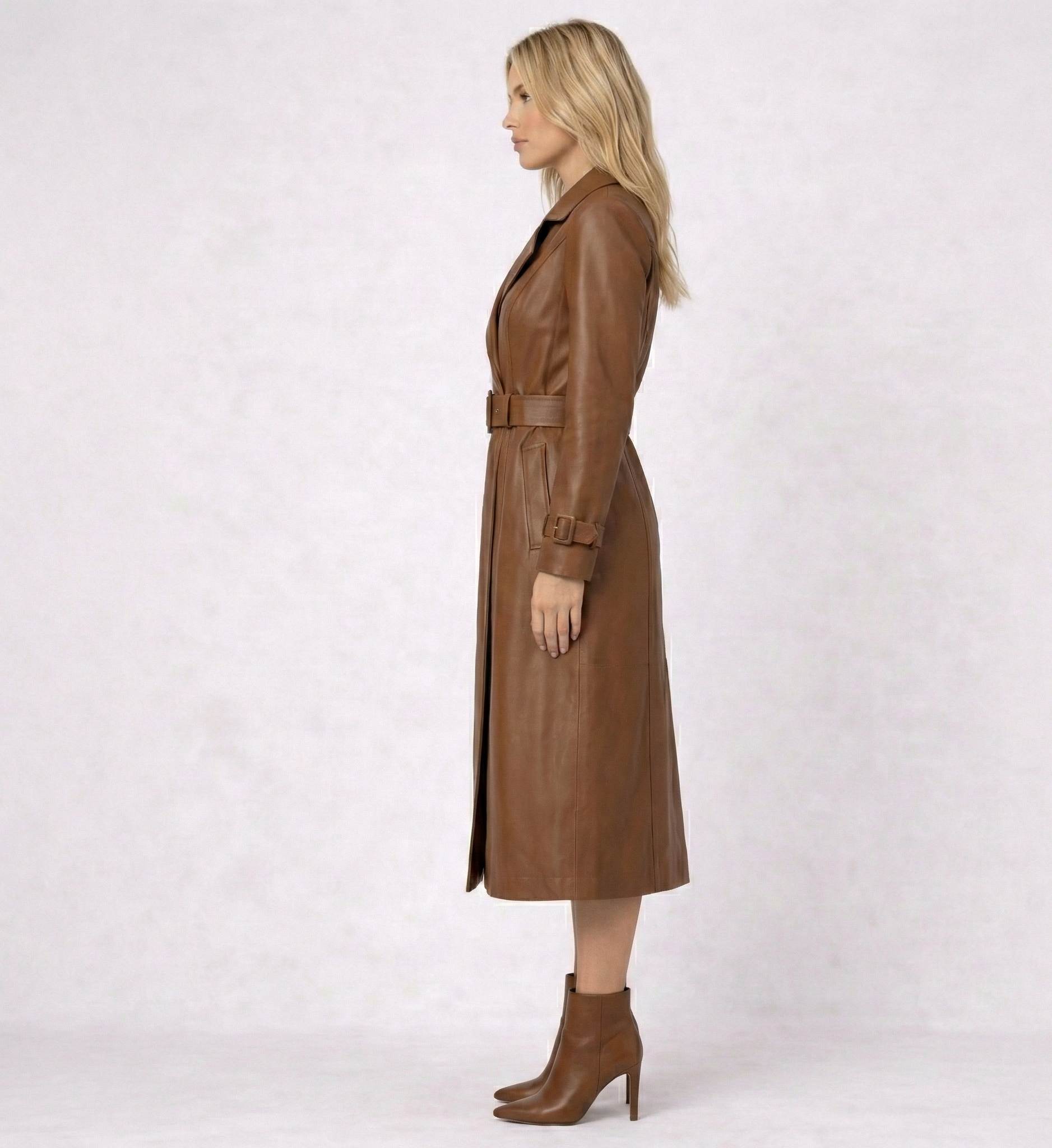 Women’s Brown Leather Trench Coat – Midi Length