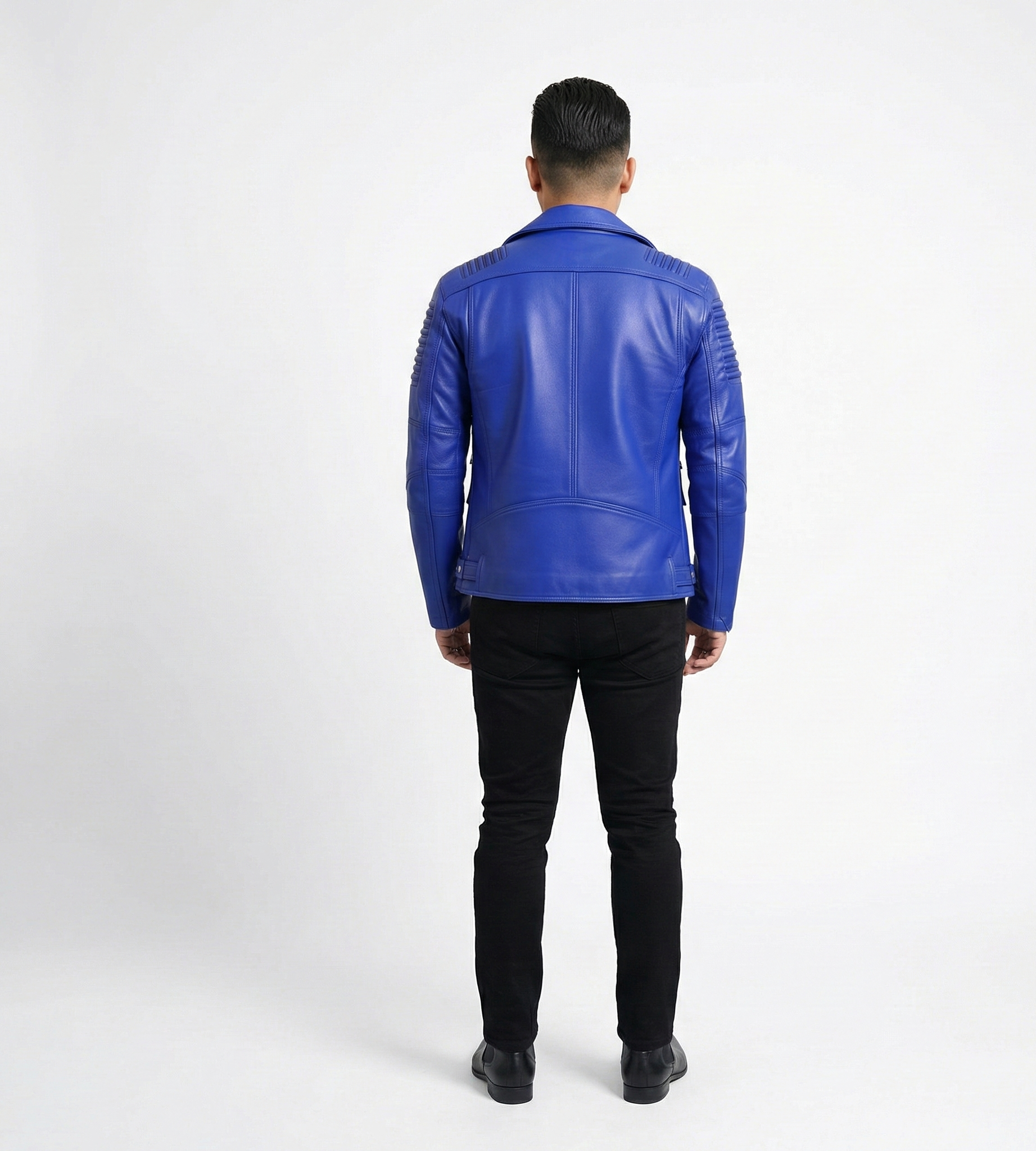 Men’s Royal Blue Leather Biker Jacket with Ribbed Sleeves