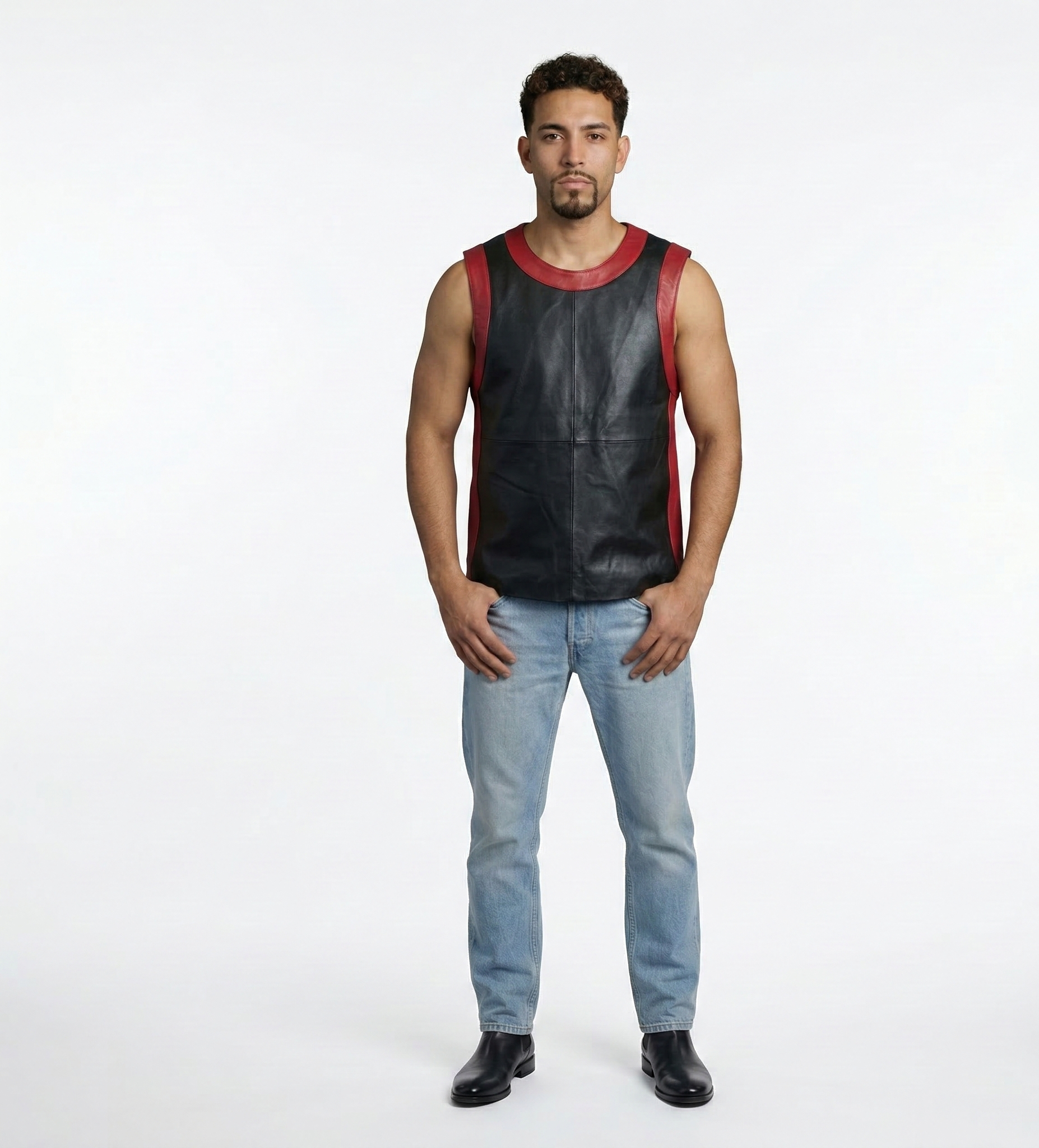 Men's Designer Black Leather Sleeveless Shirt