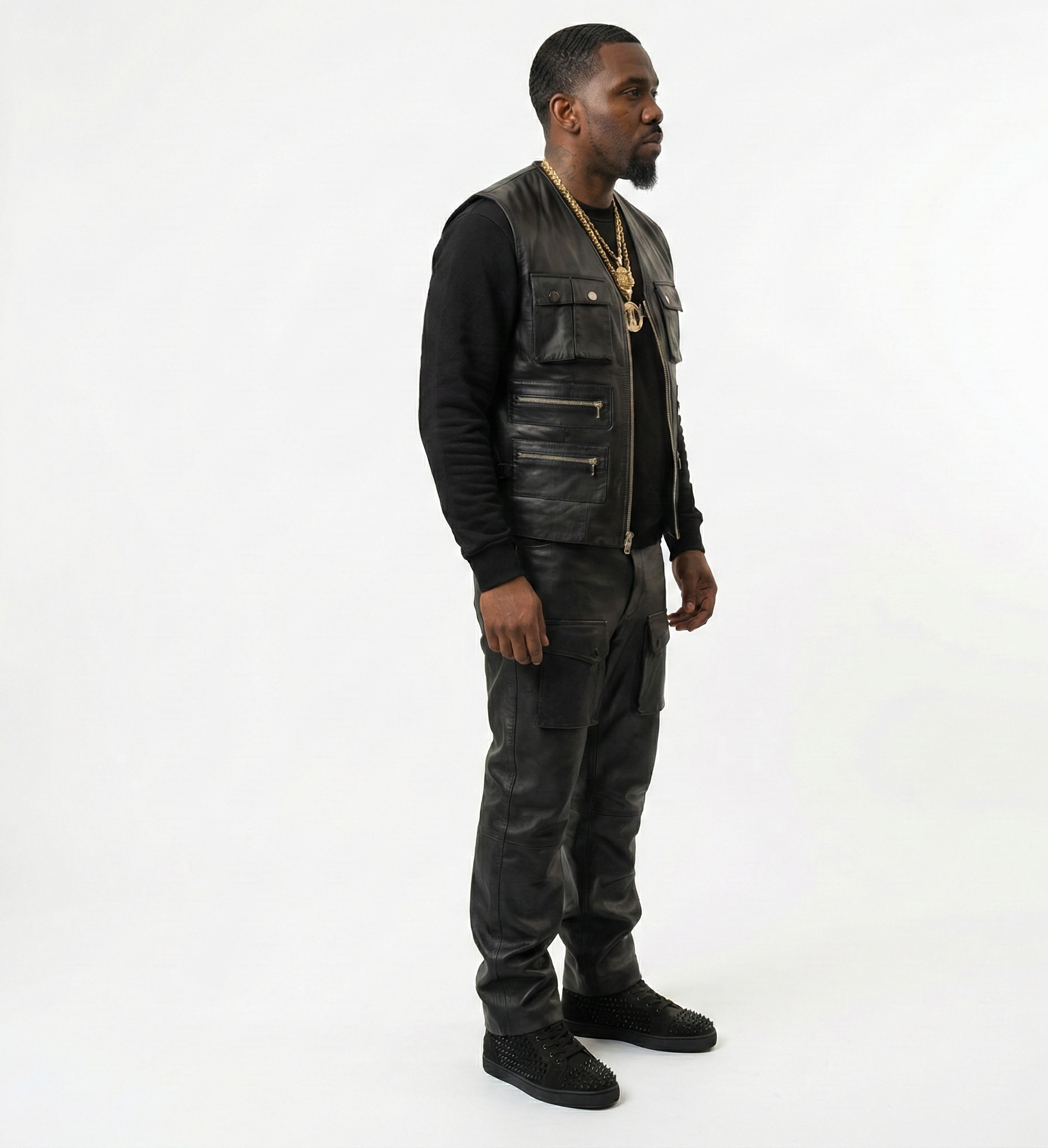 Men’s Black Leather Vest with Utility Pockets