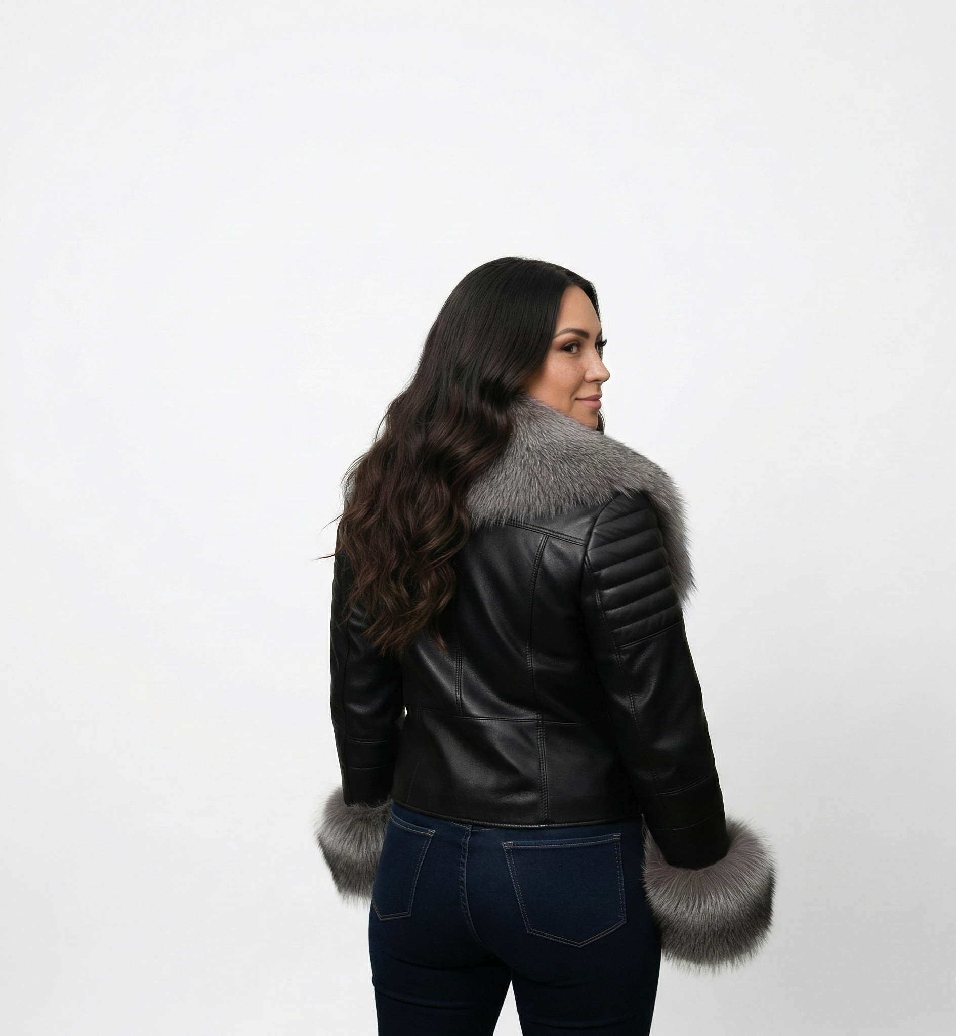 Women’s Black Leather Moto Jacket with Gray Fur Collar & Cuffs
