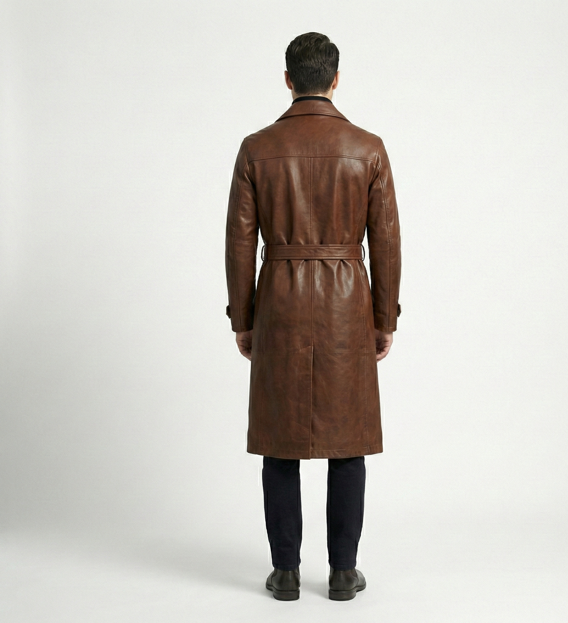Men’s Brown Leather Double-Breasted Belted Trench Coat