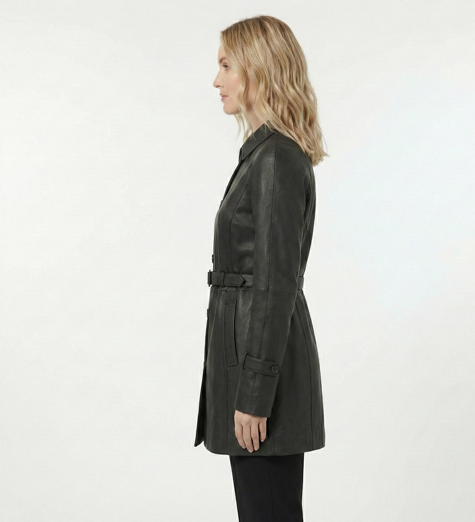 Classic Women’s Leather Trench Coat – Black Belted Outerwear