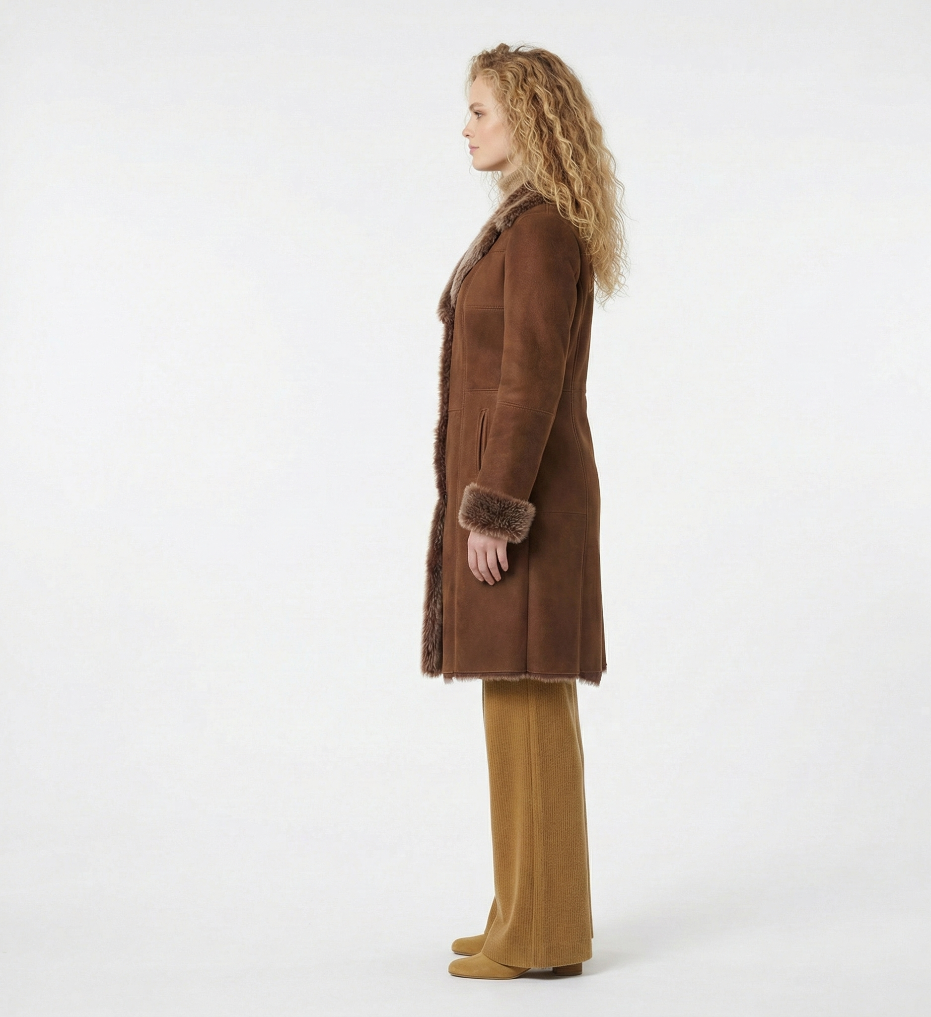 Women’s Fur Trim Suede-Look Winter Coat – Mid-Length Winter Outerwear