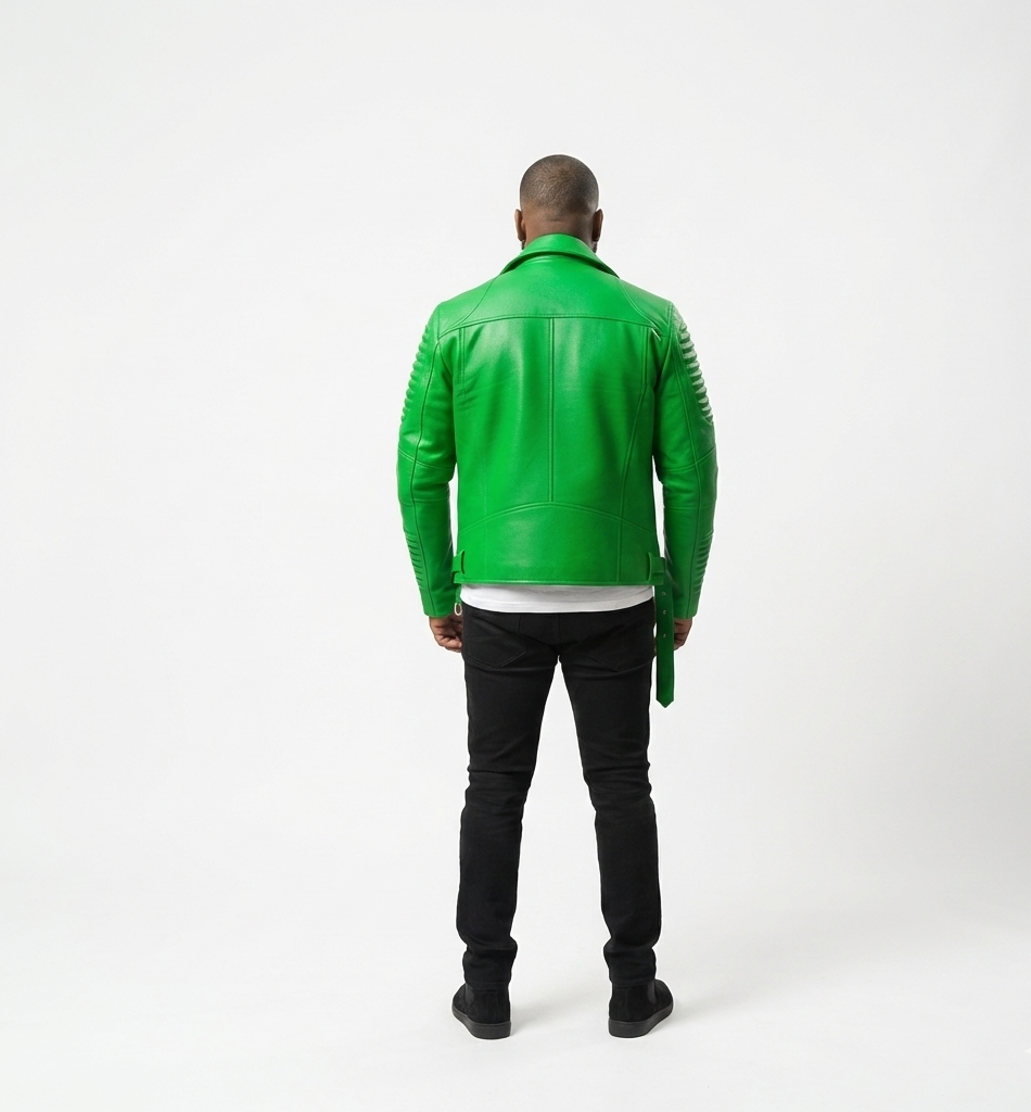 Men’s Green Leather Biker Jacket with Zip
