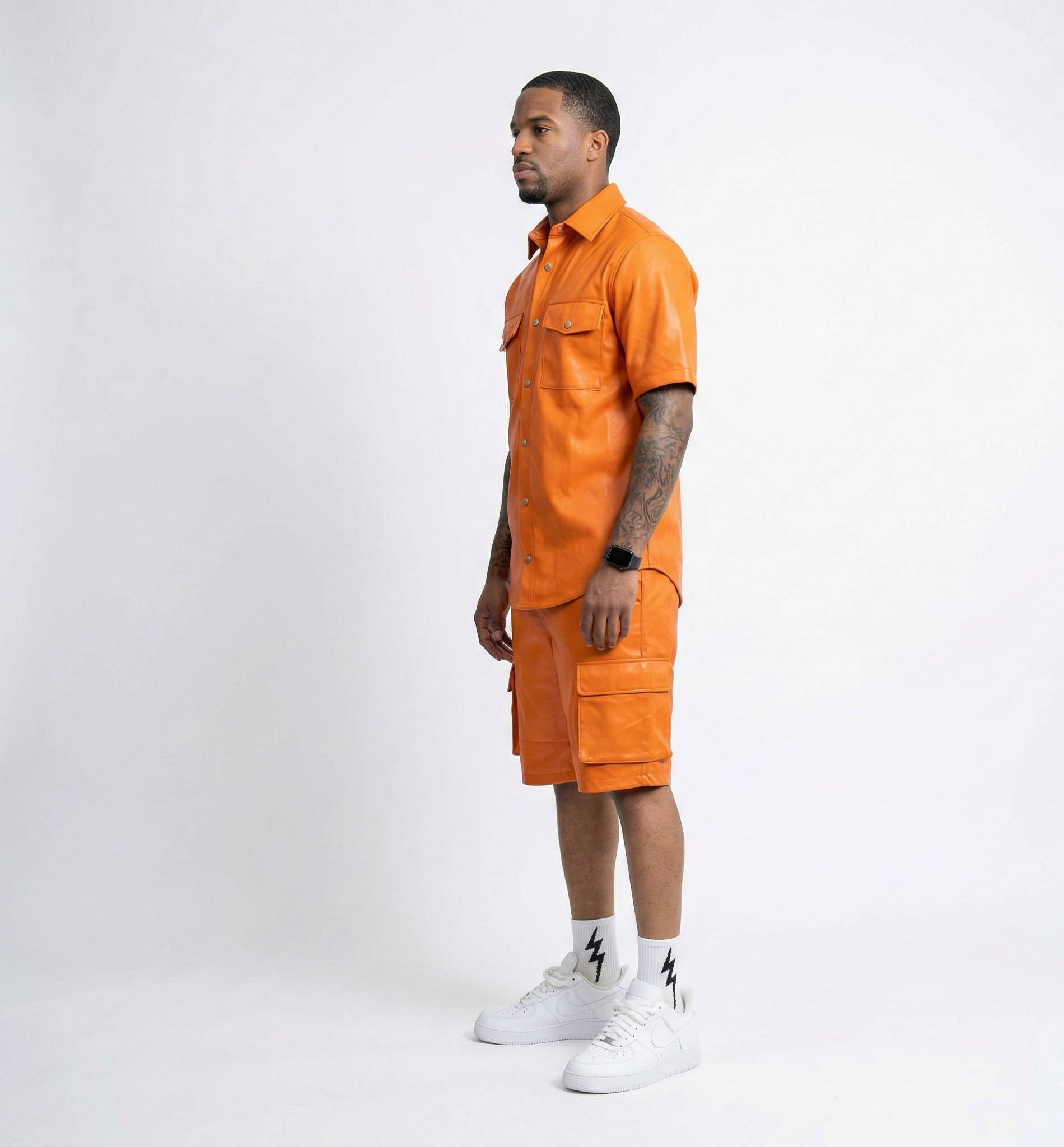 Men’s Orange Leather Cargo Shorts – Casual Street Fit