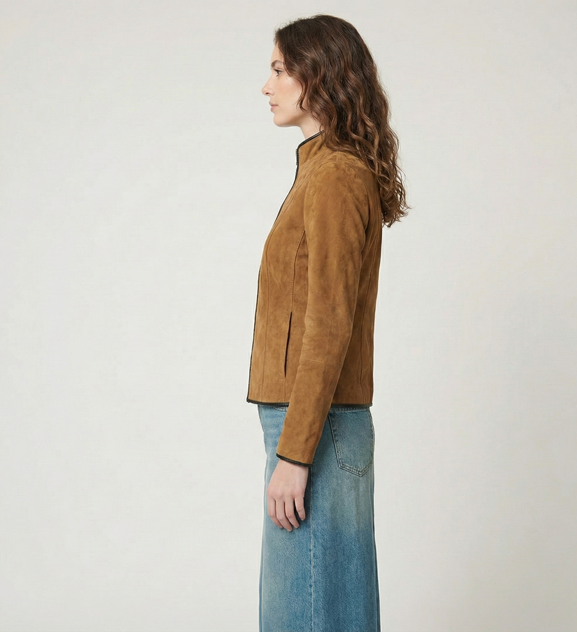 Women’s Brown Suede Leather Jacket with Zip Closure