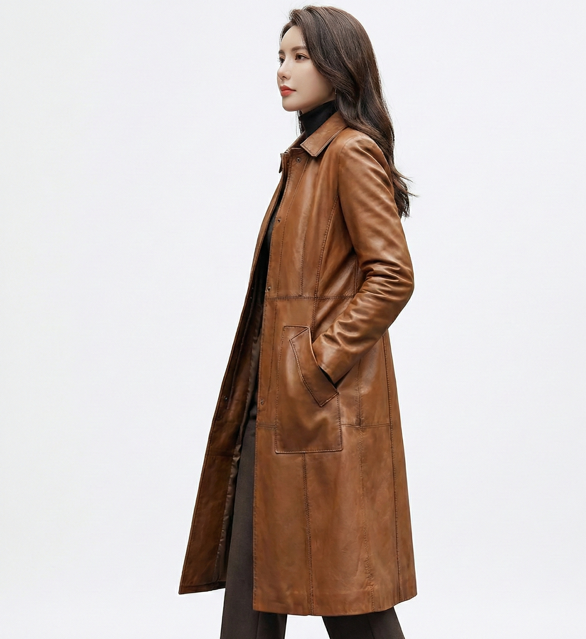 Women’s Real Leather Long Jacket – Stylish Brown Winter Coat