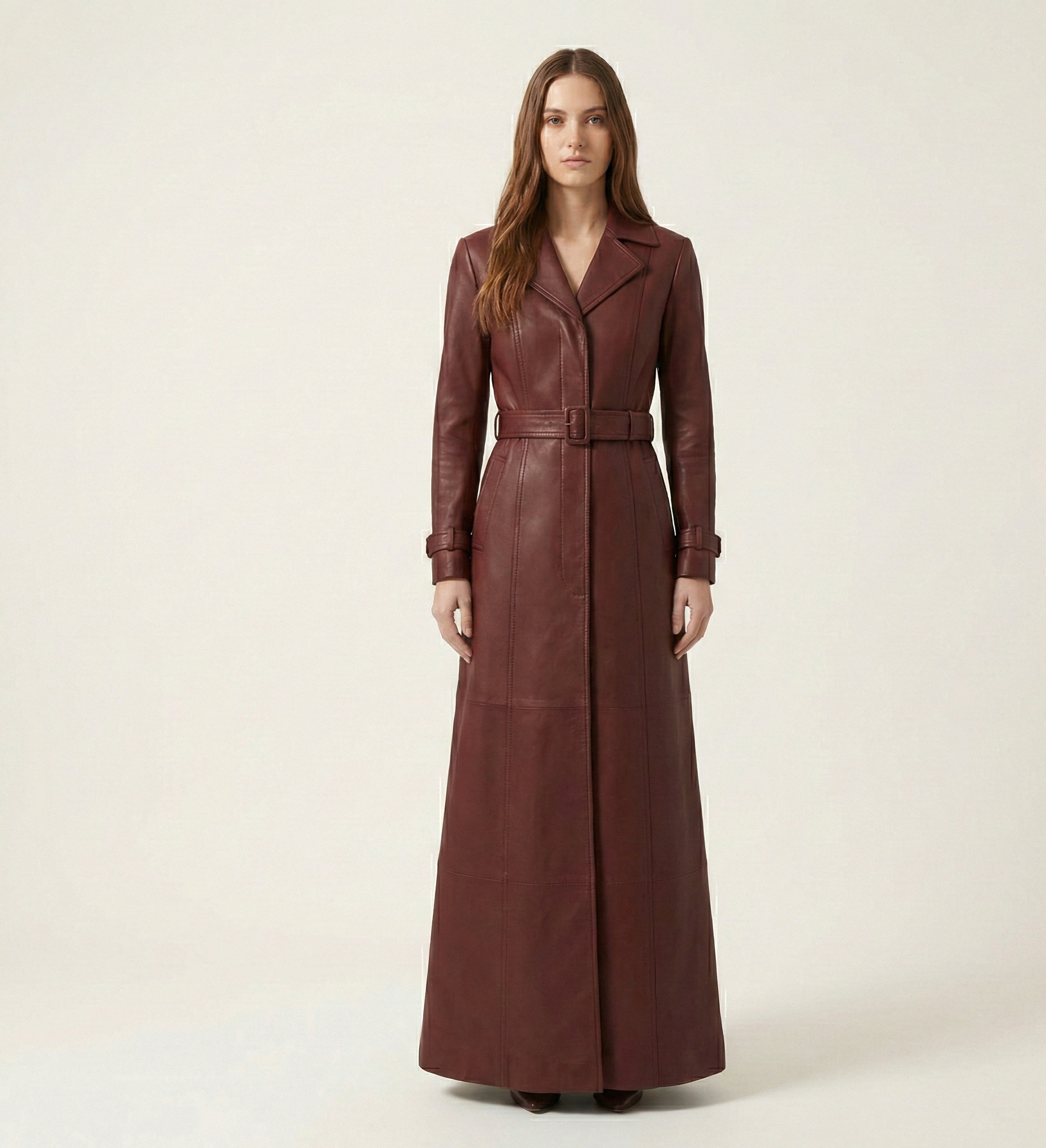 Women’s Brown Leather Maxi Trench Coat – Belted Long Fit