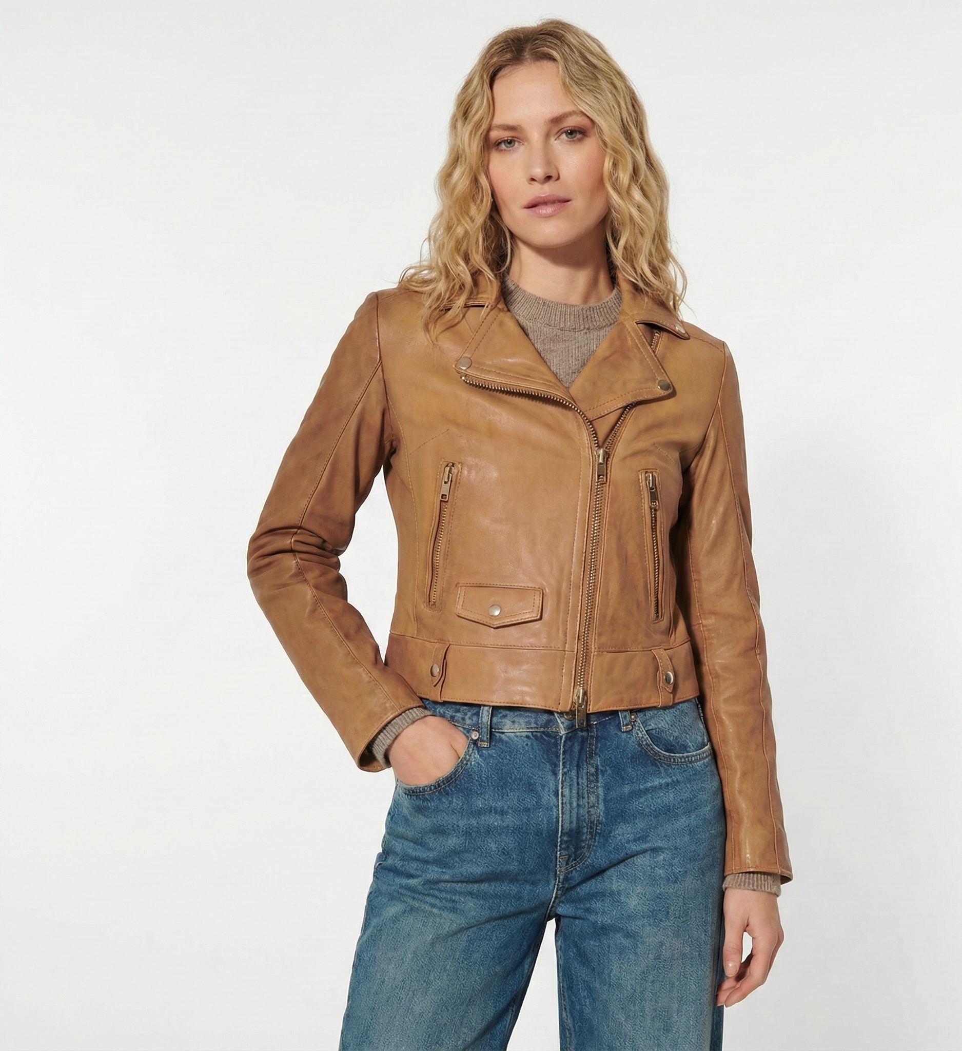 Women’s Tan Leather Biker Jacket with Zip Pockets