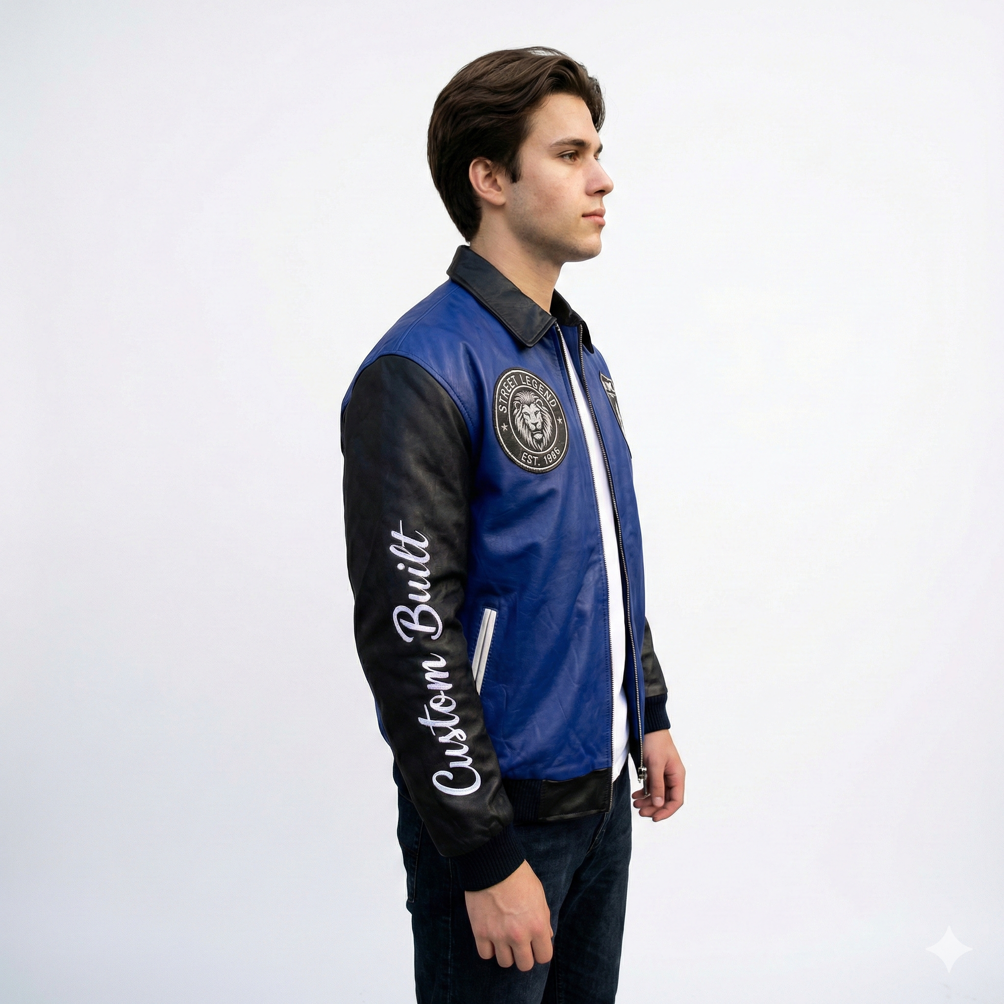 Men’s Blue & Black Varsity Leather Jacket – Wolf Pack Streetwear Style
