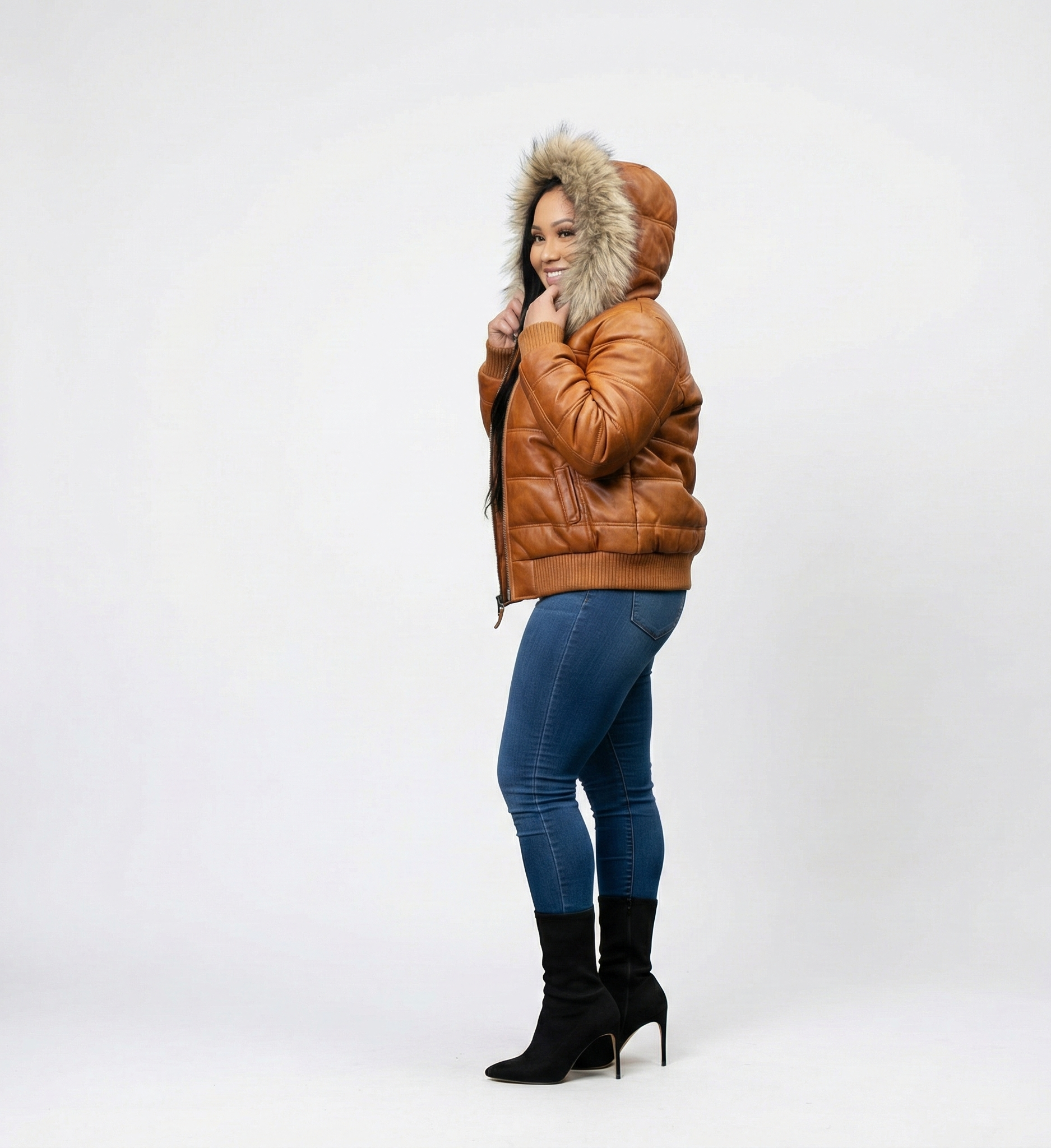 Women’s Tan Leather Puffer Jacket with Plush Fur Hood