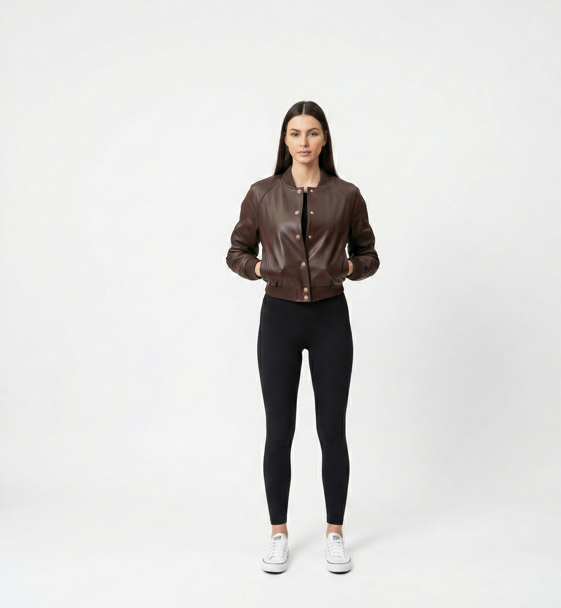 Women’s Brown Leather Bomber Jacket – Classic Snap-Button Style