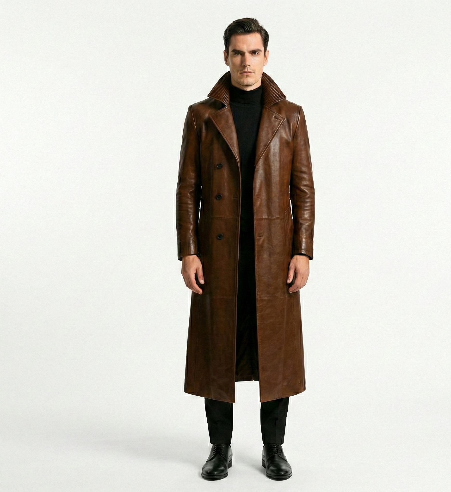 Men’s Brown Leather Long Trench Coat – Luxury Outerwear