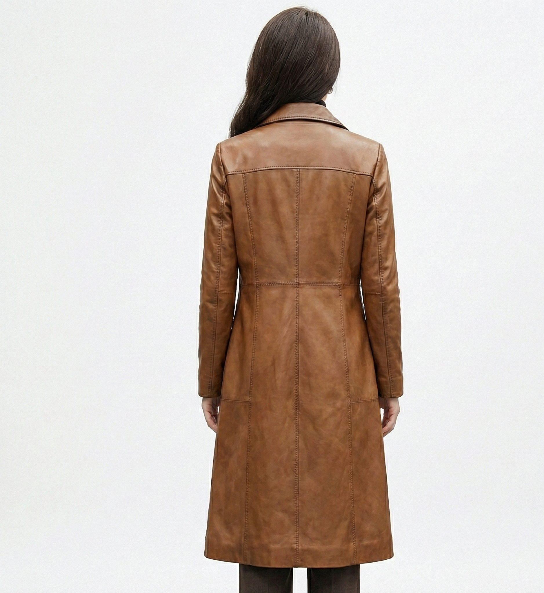 Women’s Real Leather Long Jacket – Stylish Brown Winter Coat