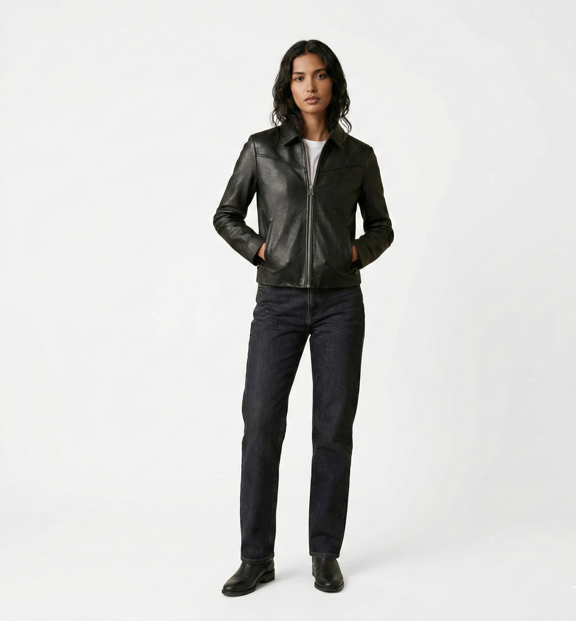 Women’s Classic Black Leather Jacket with Zip Closure & Tailored Fit