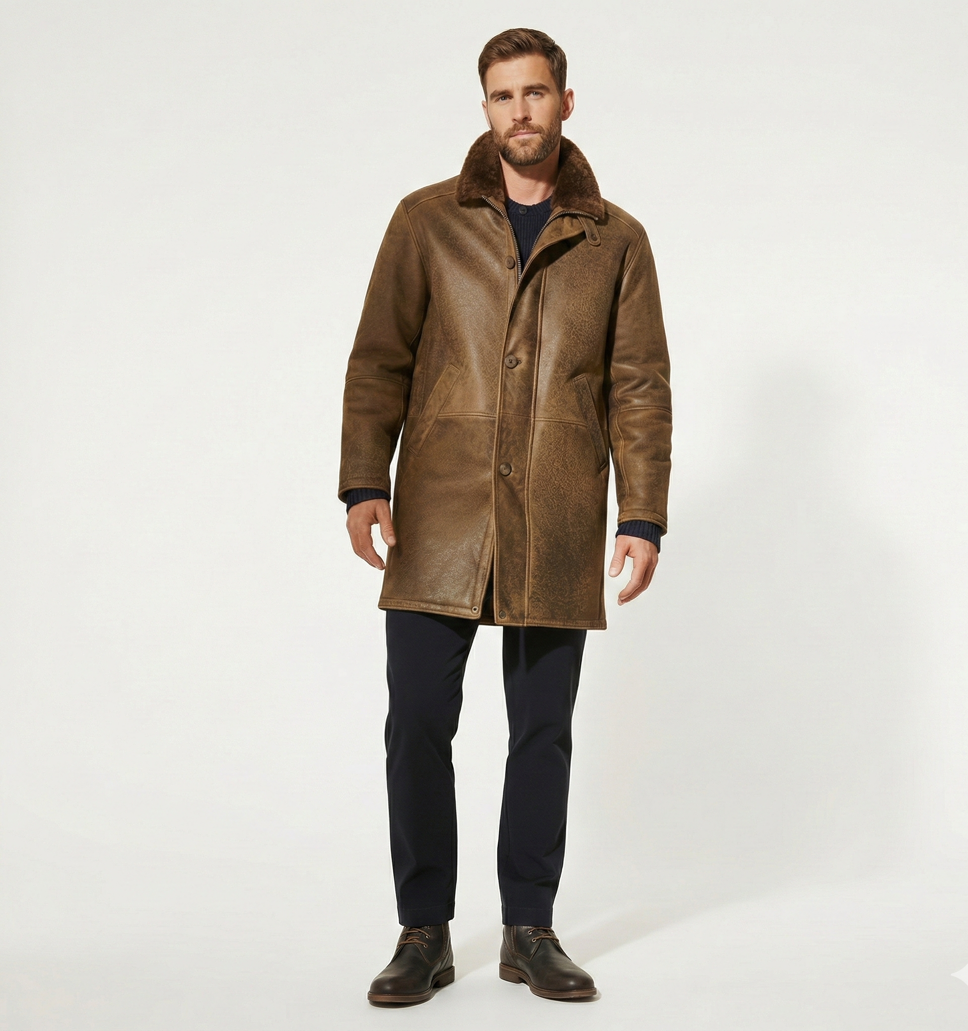 Men’s Leather Shearling Collar Coat – Classic Brown Winter Overcoat