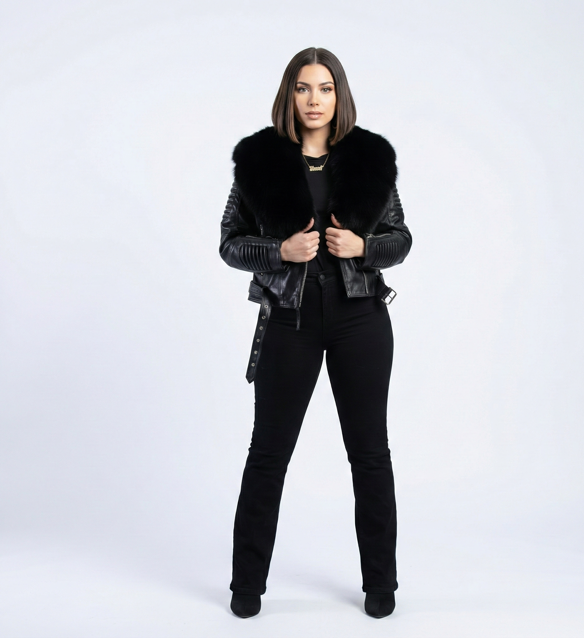 Women’s Black Leather Moto Jacket with Fur Collar – Belted Biker Style