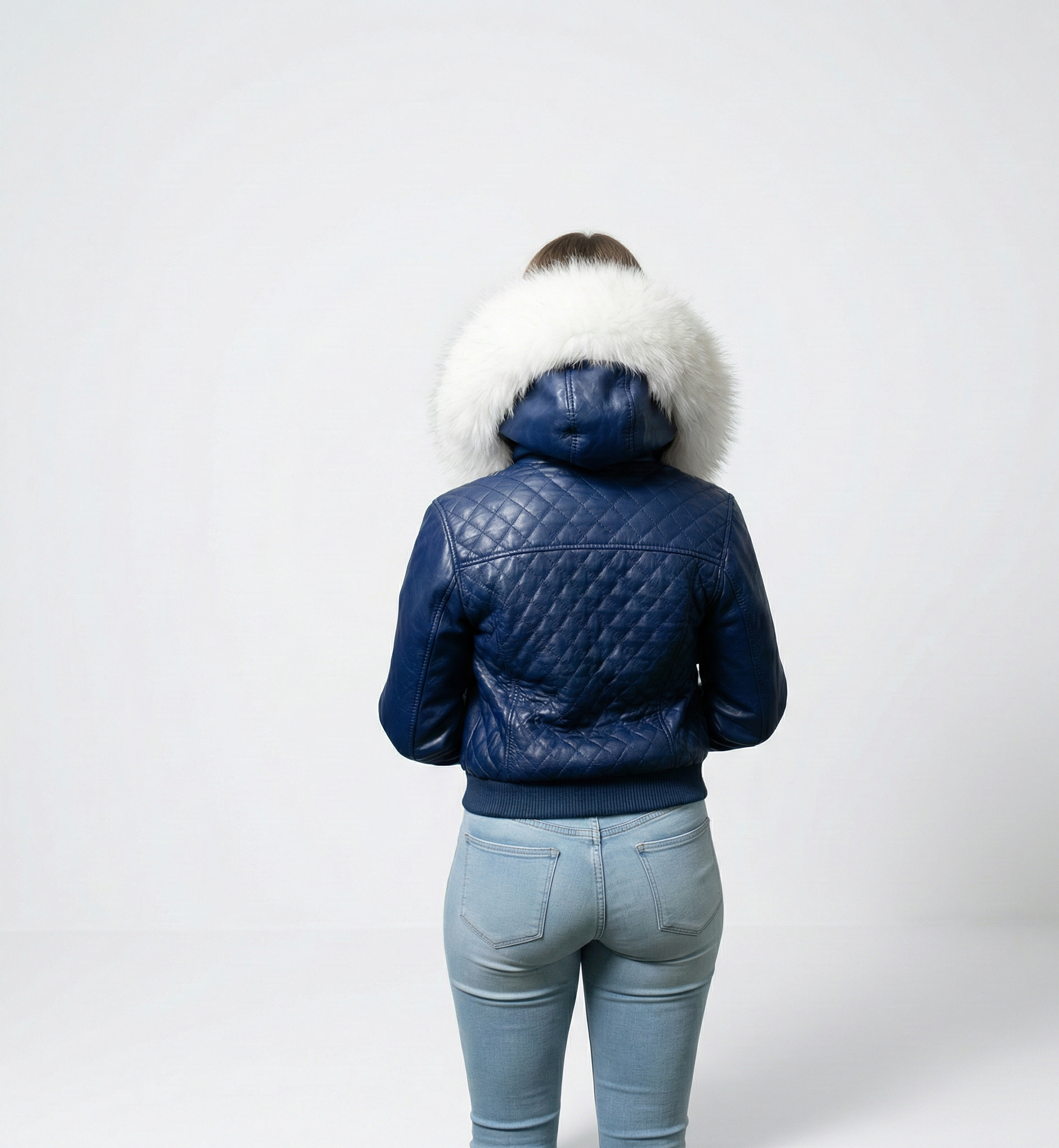 Women’s Blue Quilted Leather Jacket with Fur Hood