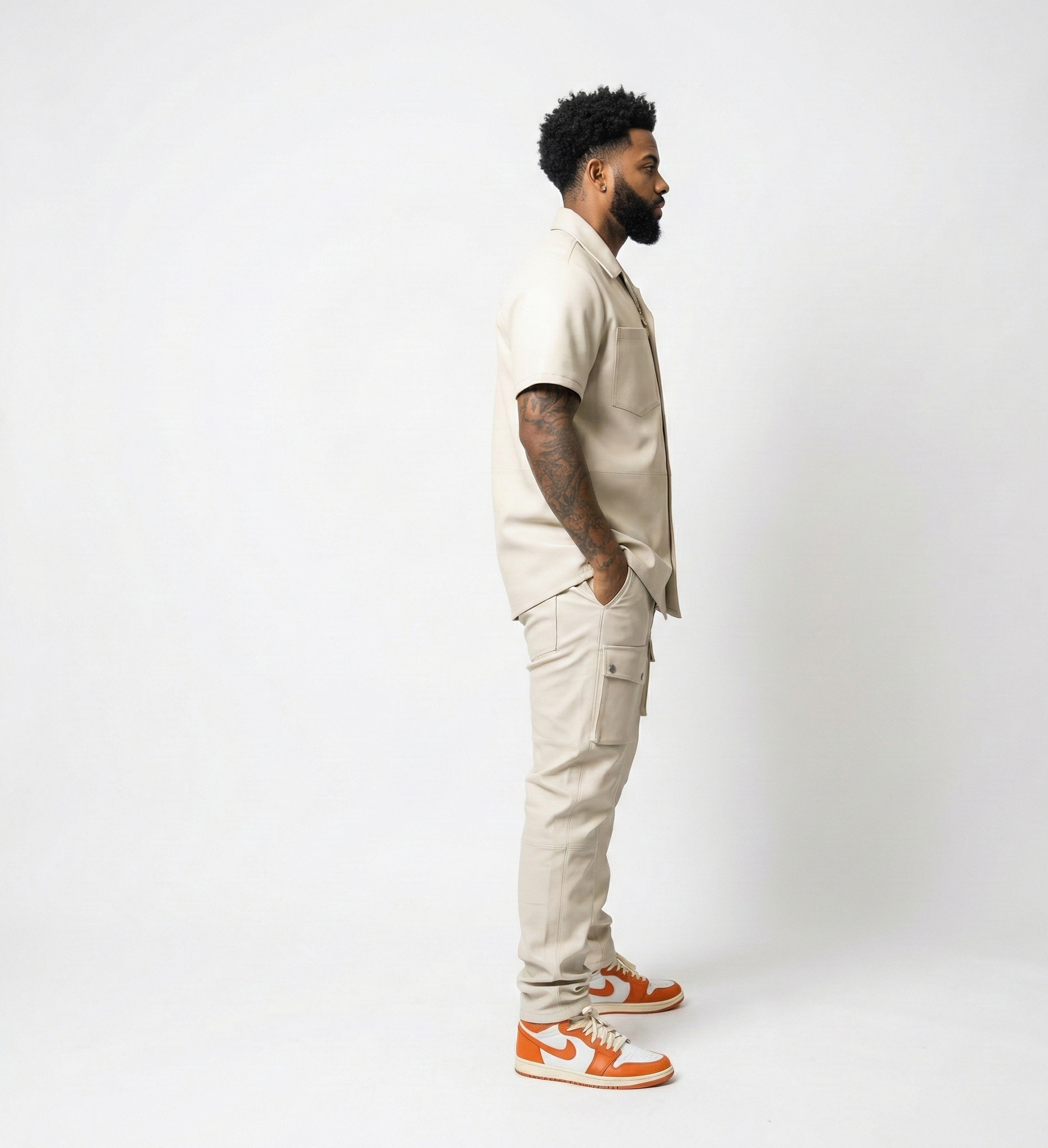 Men’s Cream Short Sleeve Shirt & Cargo Pants Set – Modern Streetwear Outfit