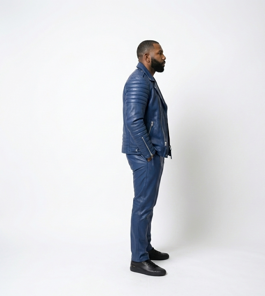 Men’s Premium Blue Leather Moto Jacket with Quilted Detailing