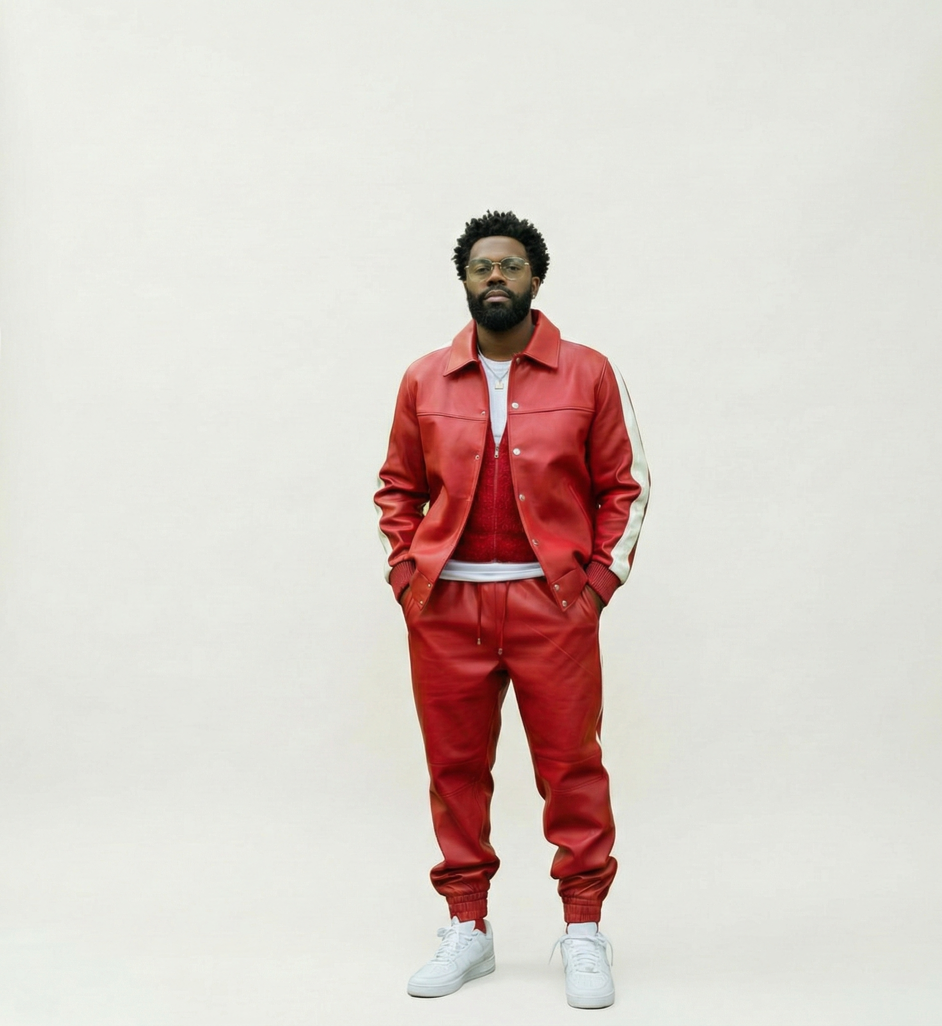 Men’s Red Leather Zip-Up Jacket and Jogger Pants Set