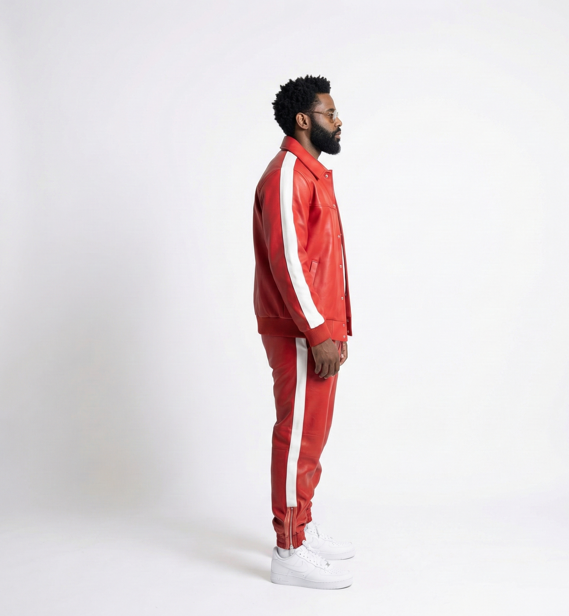 Men’s Red Leather Zip-Up Jacket and Jogger Pants Set