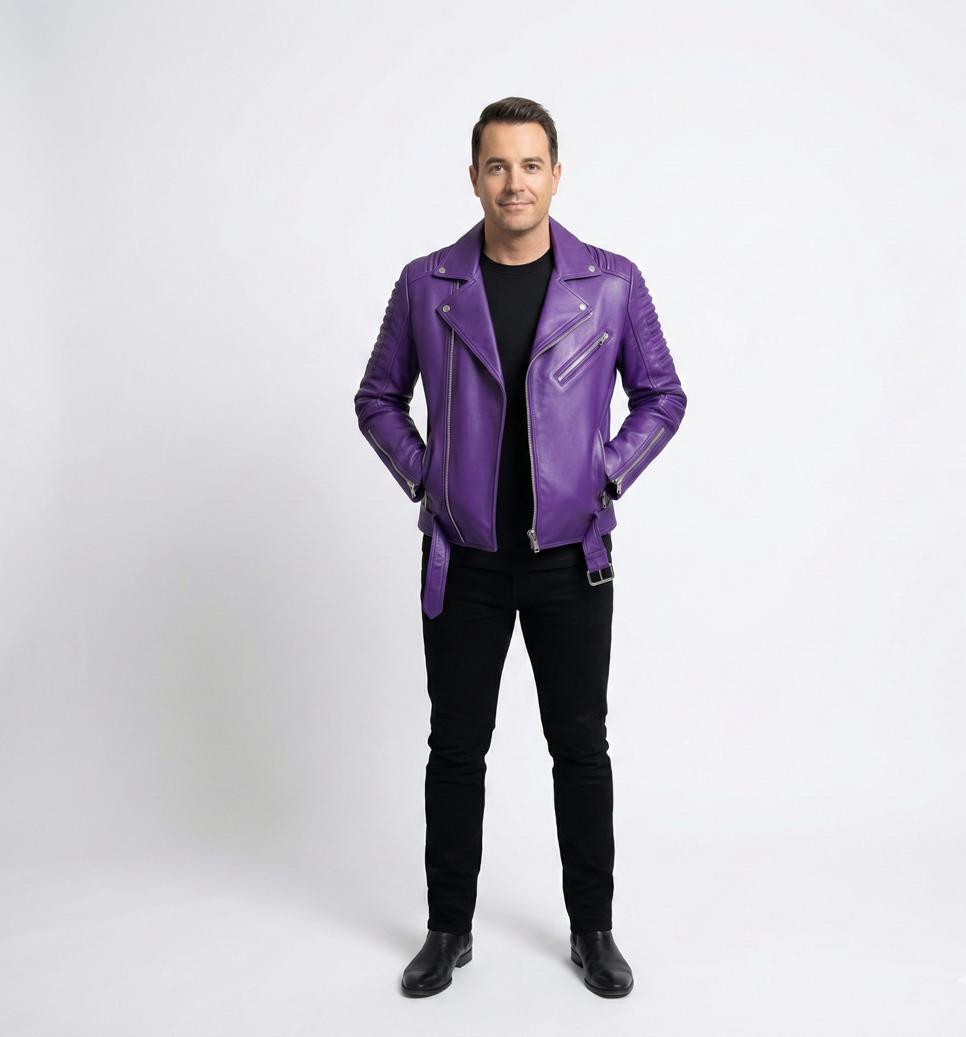 Men’s Purple Leather Moto Jacket – Slim Fit Designer Biker Outerwear