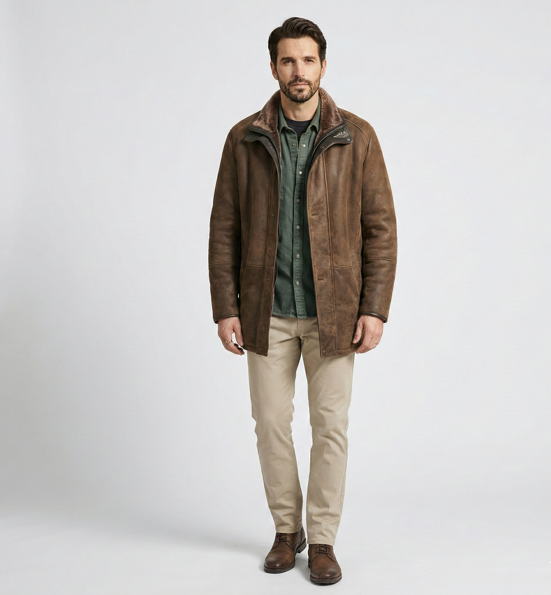 Men’s Leather Shearling Jacket – Brown Mid-Length Winter Coat