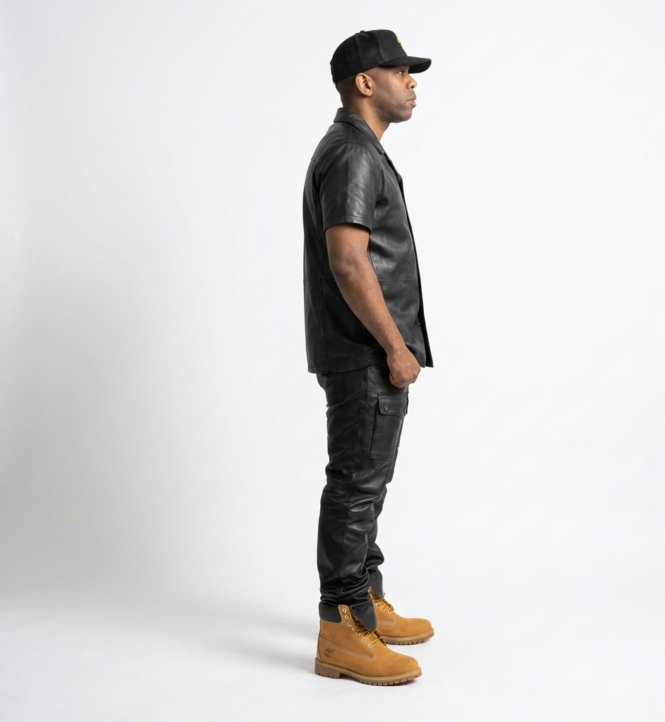 Men’s Black Leather Shirt & Cargo Pants Set – Casual Outfit