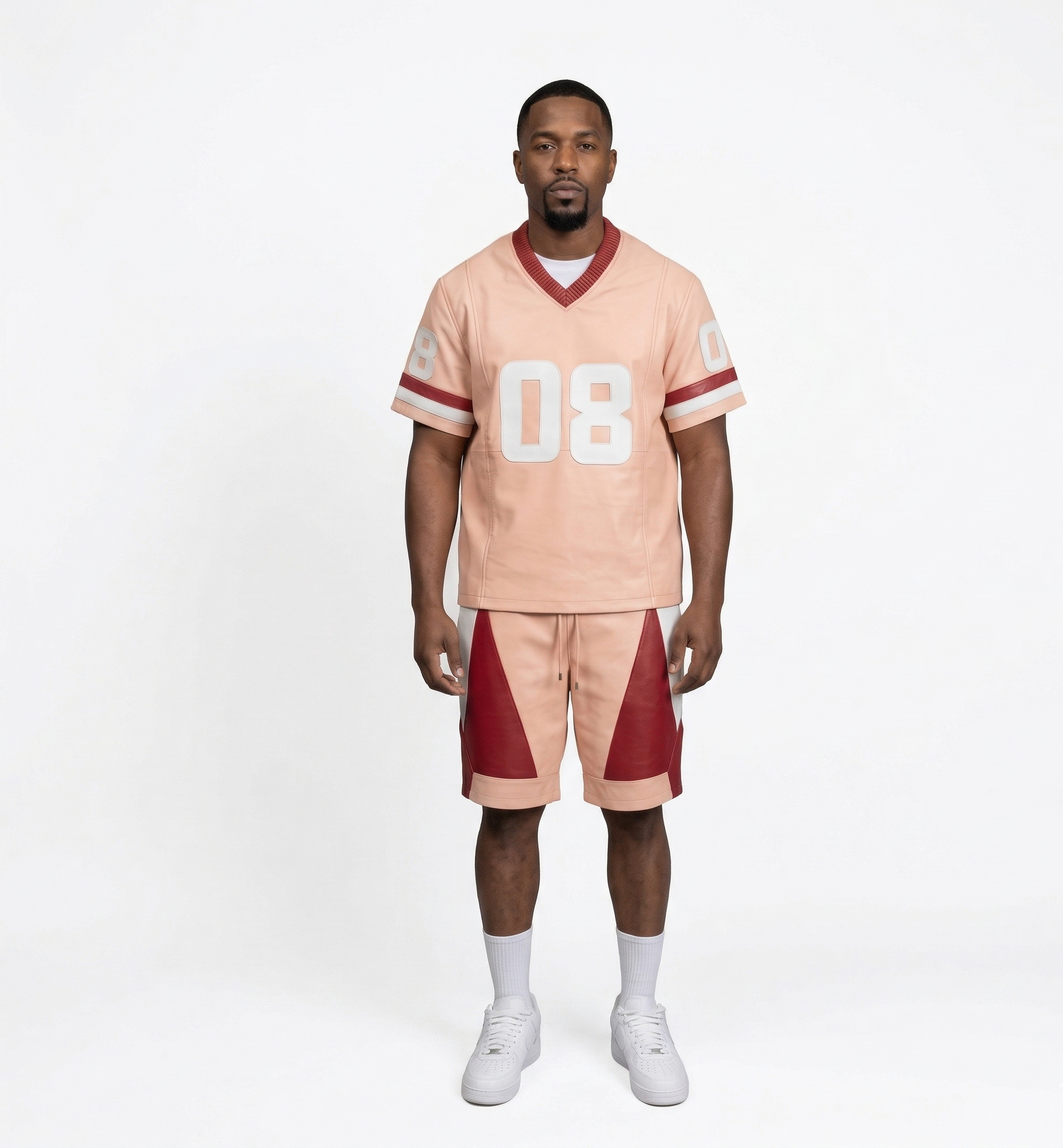 Men’s Urban Streetwear Outfit – Beige Varsity Jersey Set