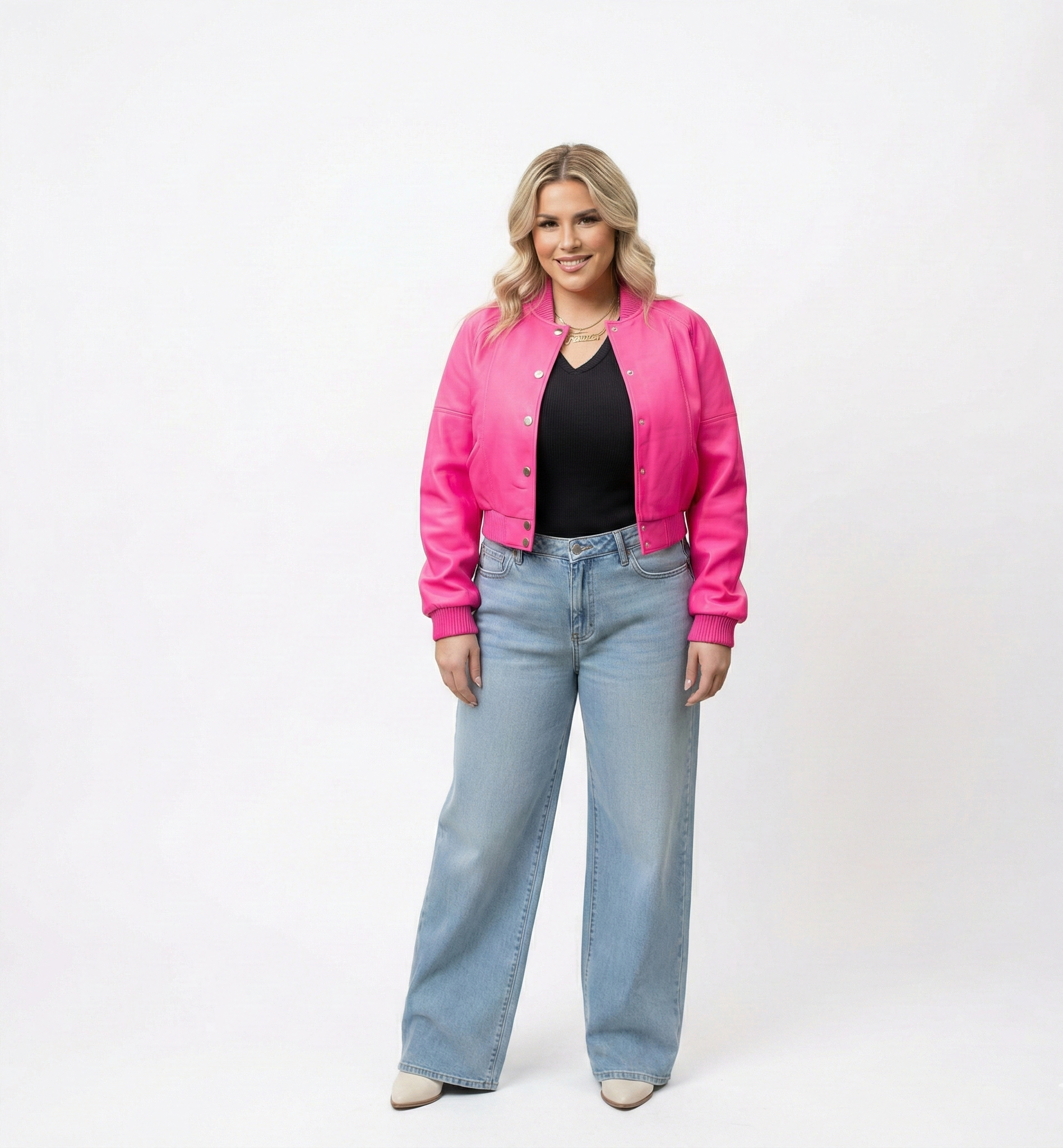 Women’s Hot Pink Leather Bomber Jacket – Lightweight Classic Fit