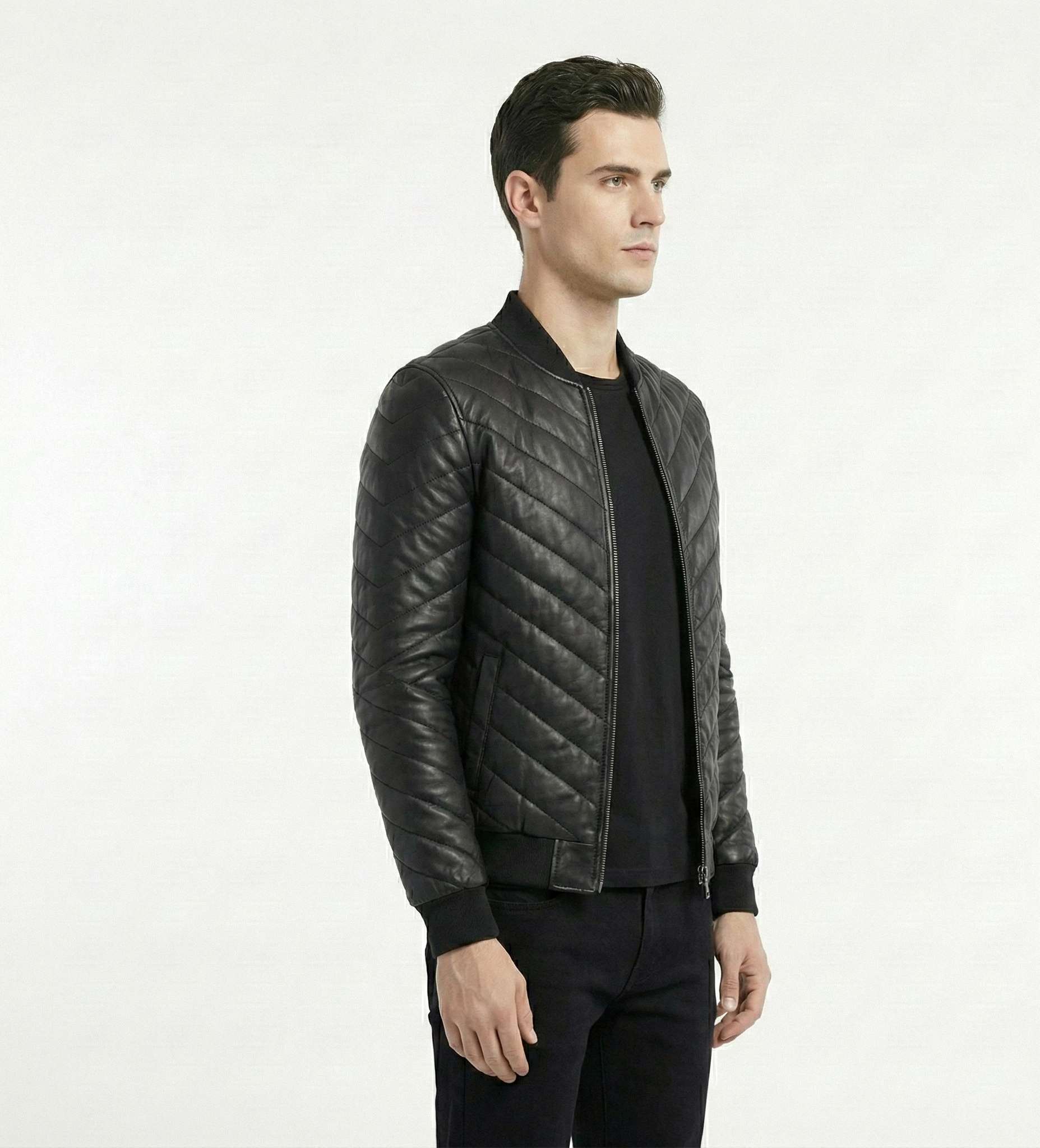Men’s Black Quilted Leather Jacket – Zip Front