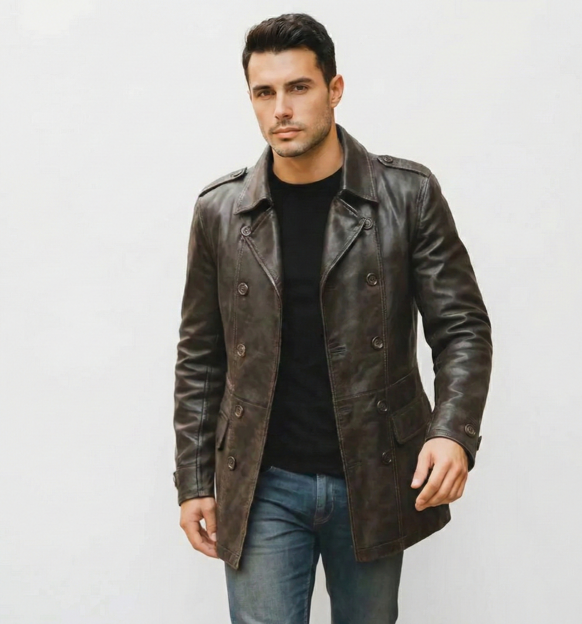 Men’s Brown Distressed Leather Trench Coat – Mid-Length Outerwear