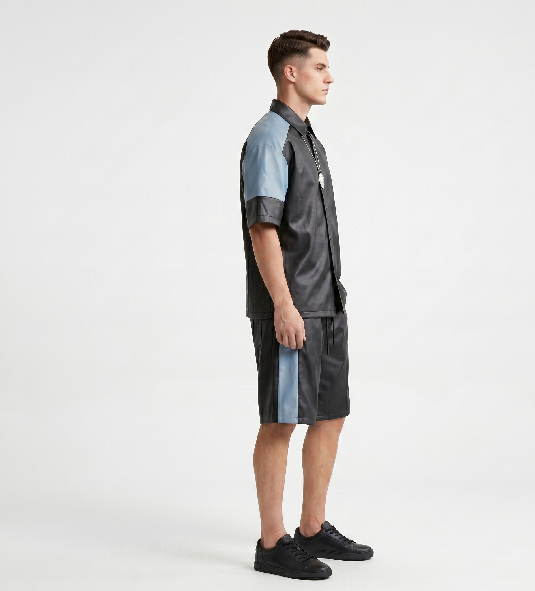 Men’s Black & Blue Real Leather Shirt and Shorts Set – Modern Streetwear