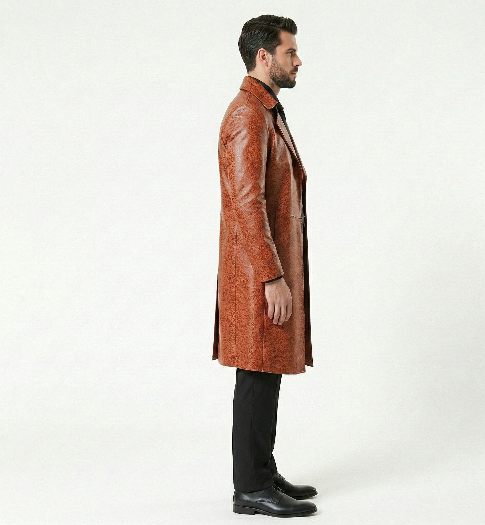 Men’s Brown Leather Trench Coat – Luxury Printed Long Overcoat