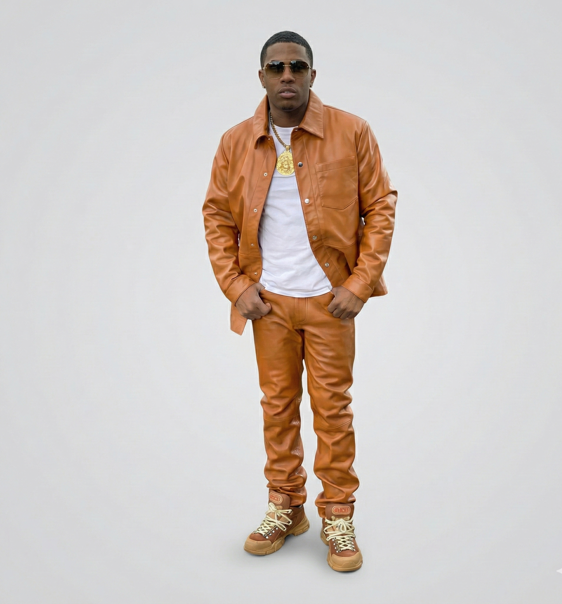 Men’s Brown Leather Jacket and Pants Set – Two-Piece Outfit