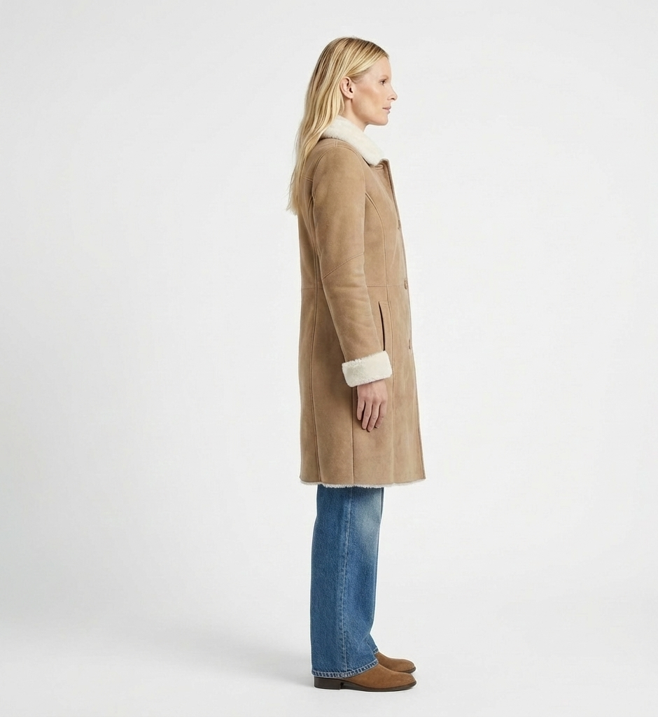 Women’s Suede Shearling Long Coat – Warm Winter Outerwear