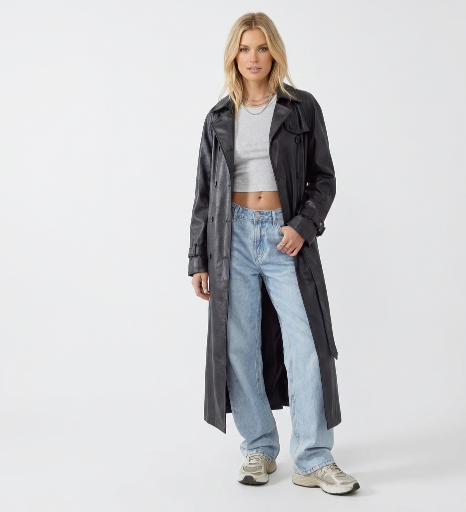 Women’s Classic Black Leather Trench Coat – Longline Modern Fit
