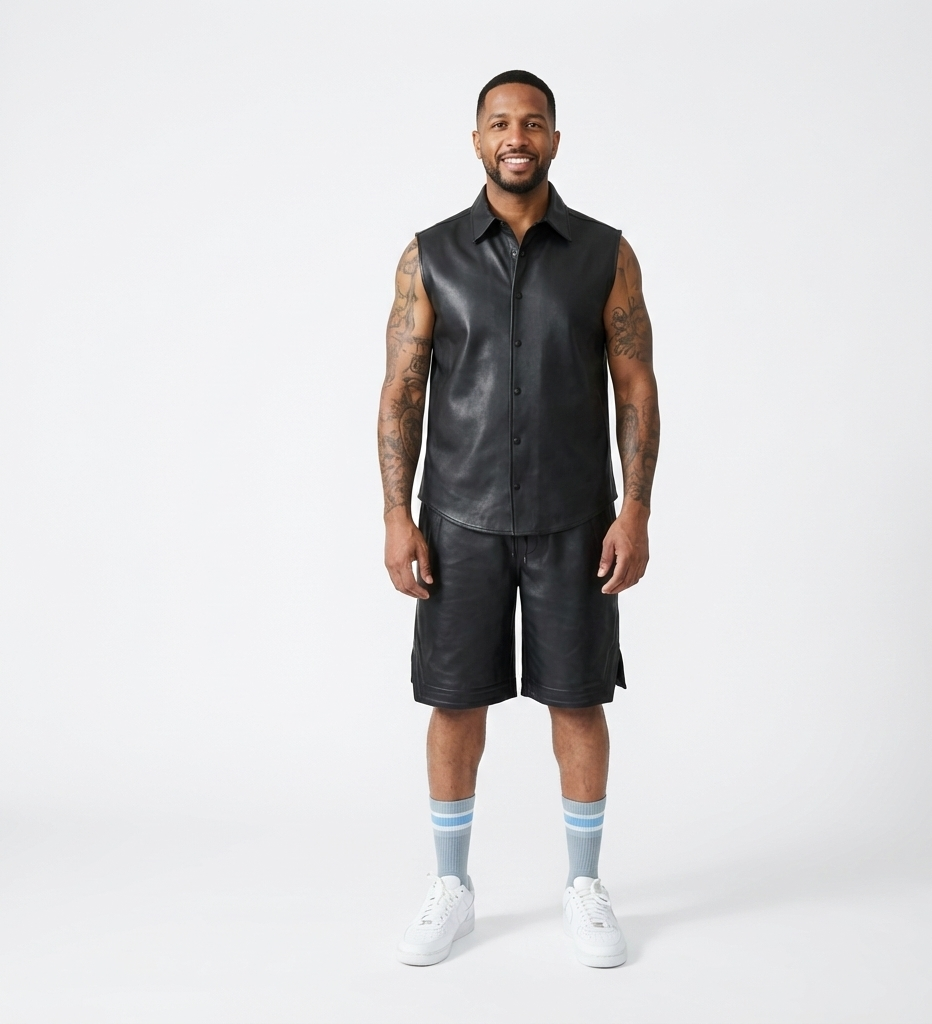 Men’s Black Leather Shorts – Classic Casual Fit