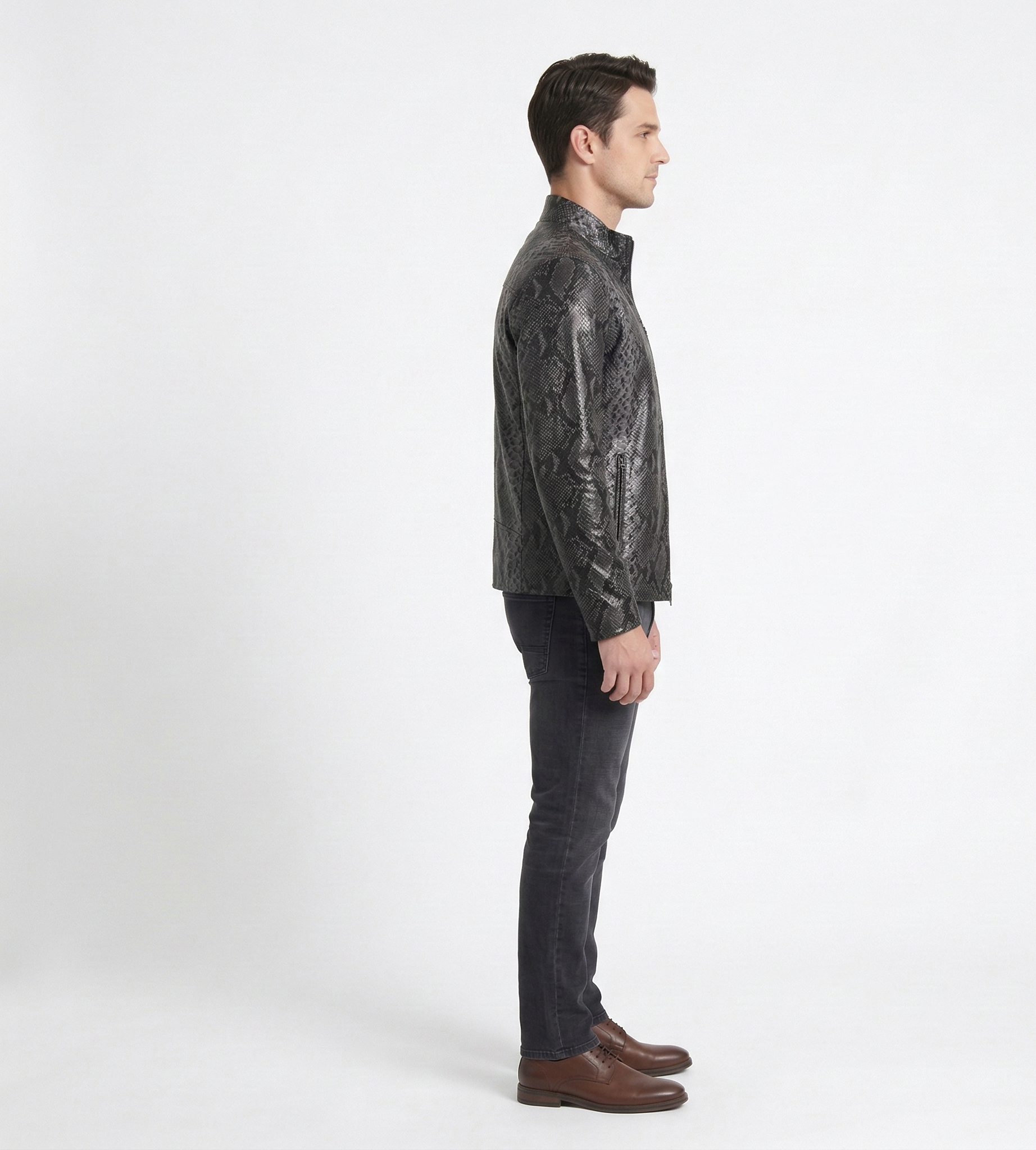 Men’s Black Python Print Leather Jacket – Luxury Snake Pattern Designer Jacket