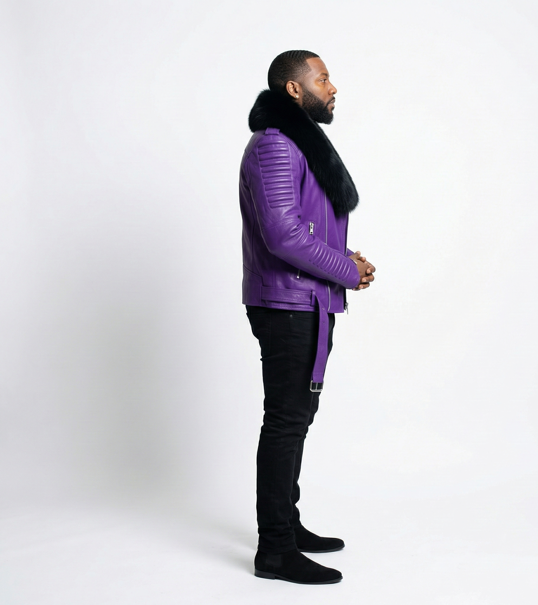 Men’s Purple Leather Jacket with Oversized Fur Collar – Statement Biker Jacket