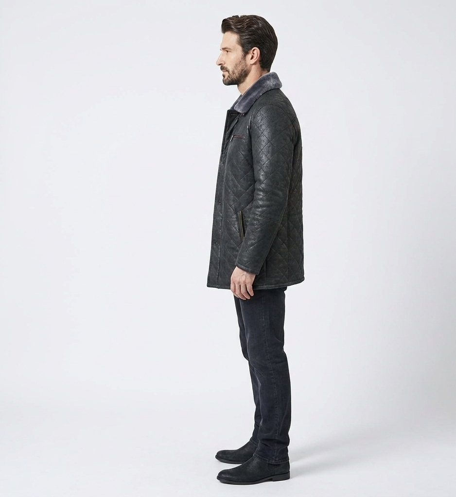 Men’s Quilted Shearling Collar Jacket – Black Mid-Length Winter Coat