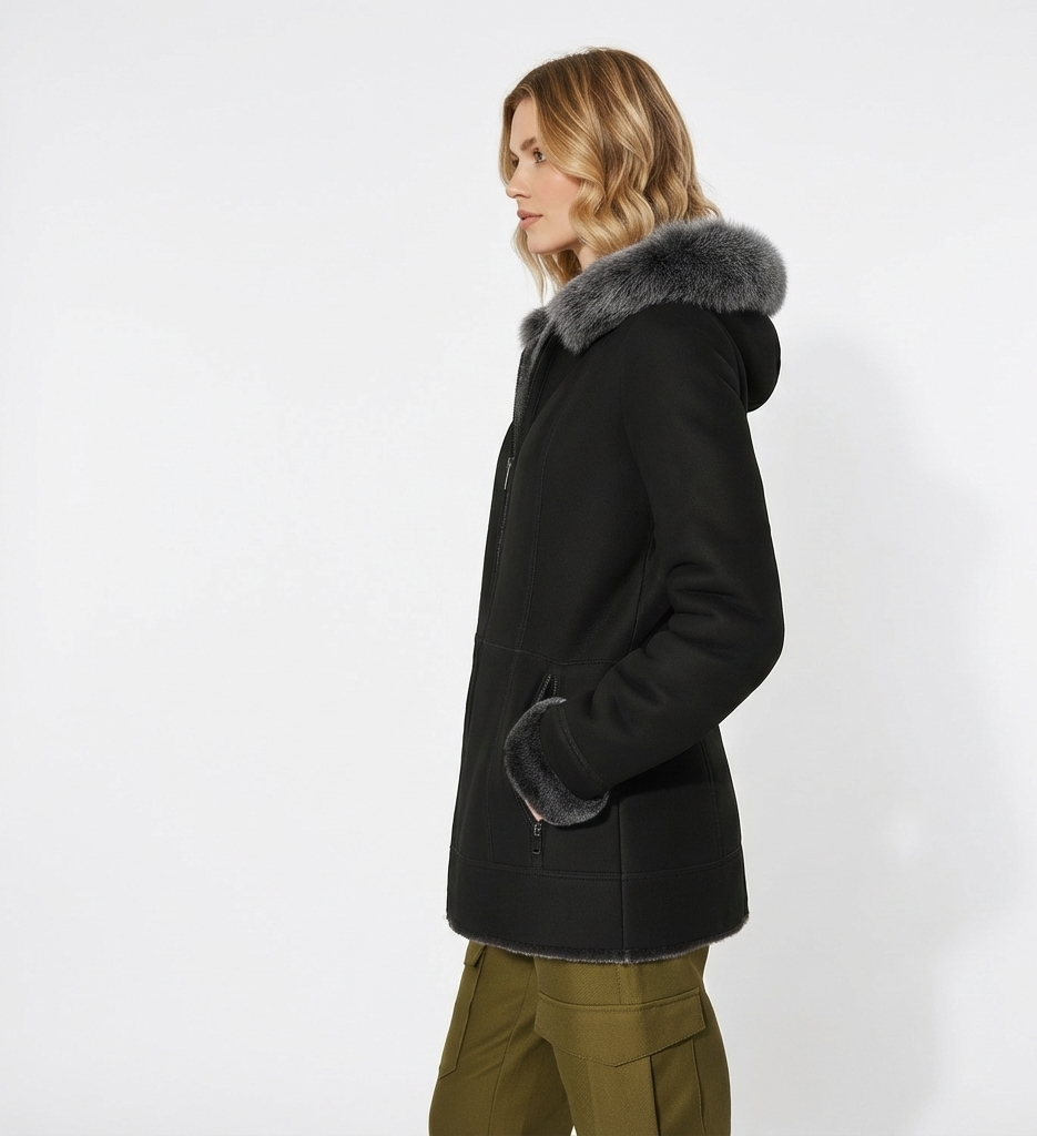 Women’s Black Cold-Weather Jacket with Fur