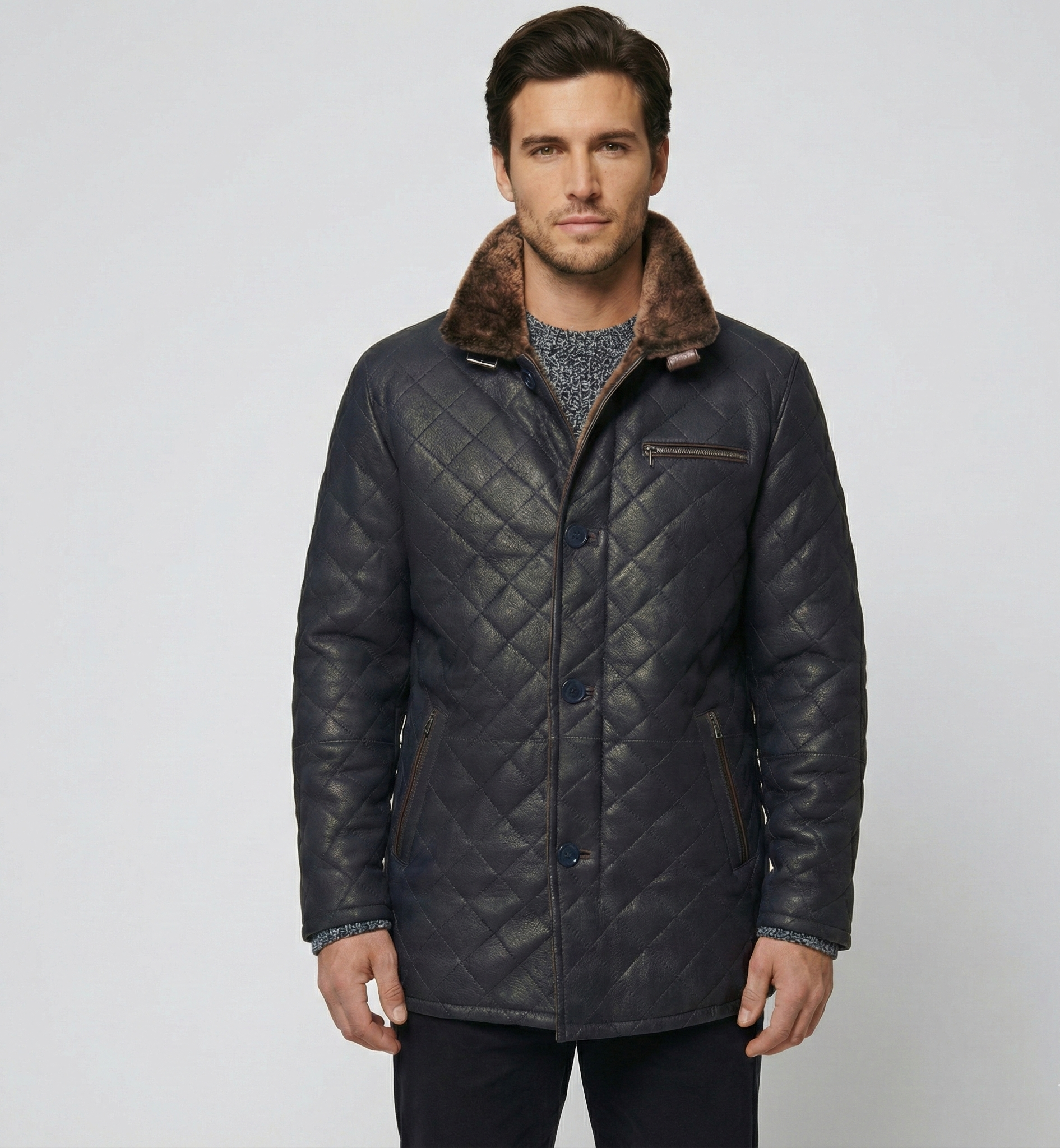 Men’s Quilted Shearling Collar Jacket – Navy Mid-Length Winter Coat
