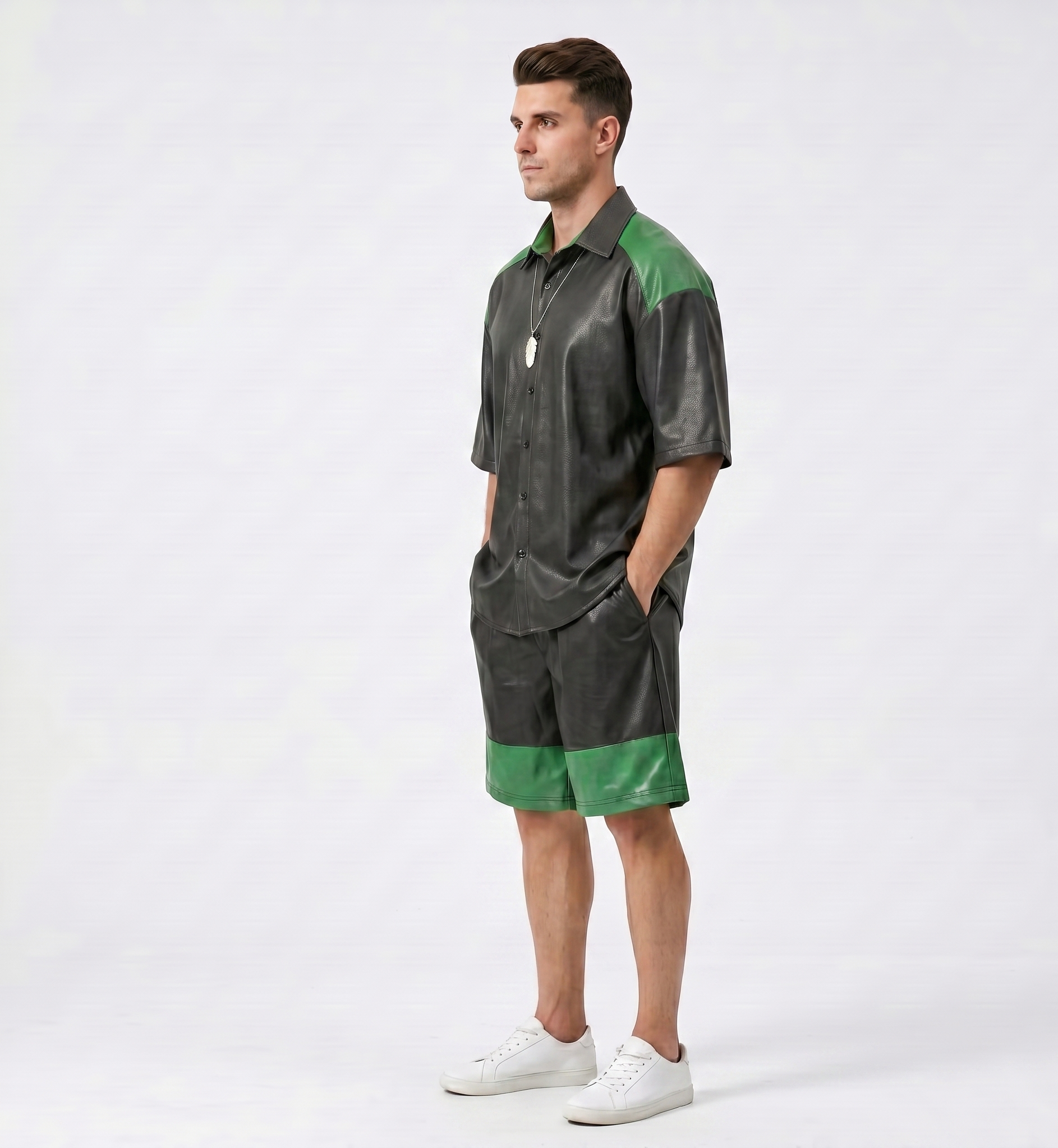 Men’s Black & Green Real Leather Shirt and Shorts Set – Luxury Streetwear