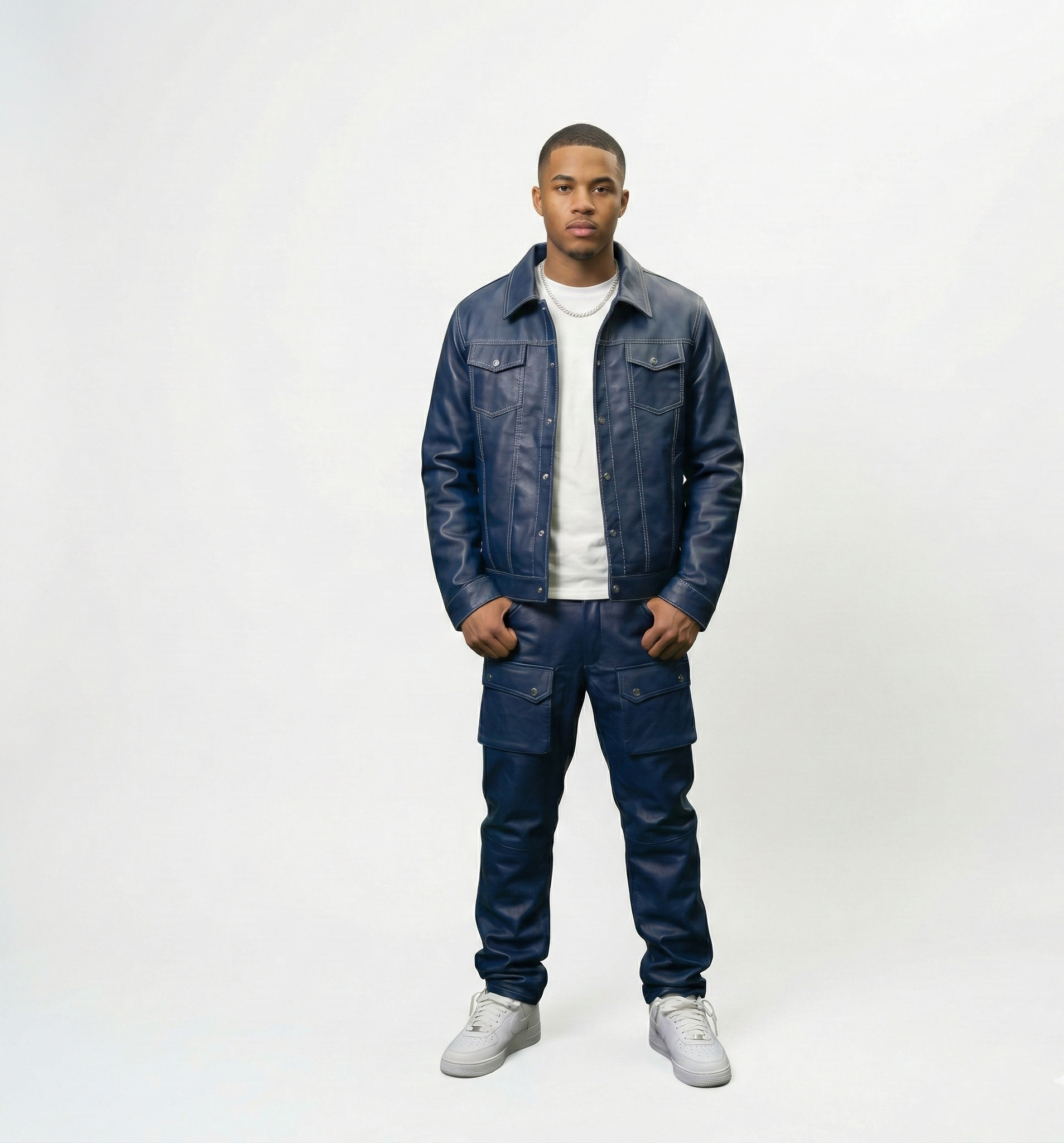Men’s Navy Blue Denim Jacket and Cargo Pants Set – Casual Streetwear Set
