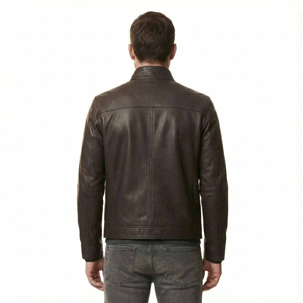 Men’s Brown Leather Jacket with Stand Collar