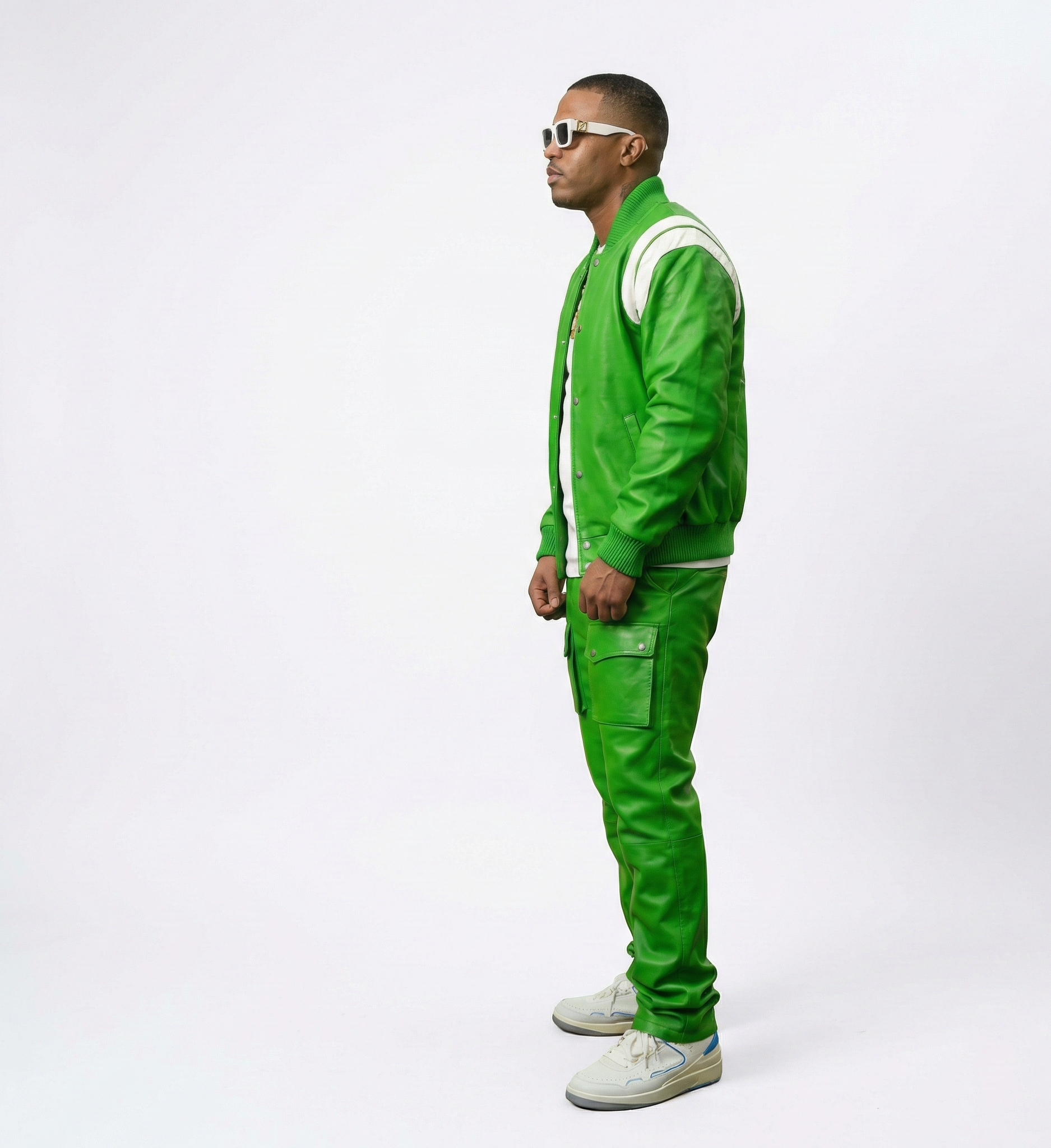 Men’s Green Leather Varsity Jacket & Cargo Pants Set