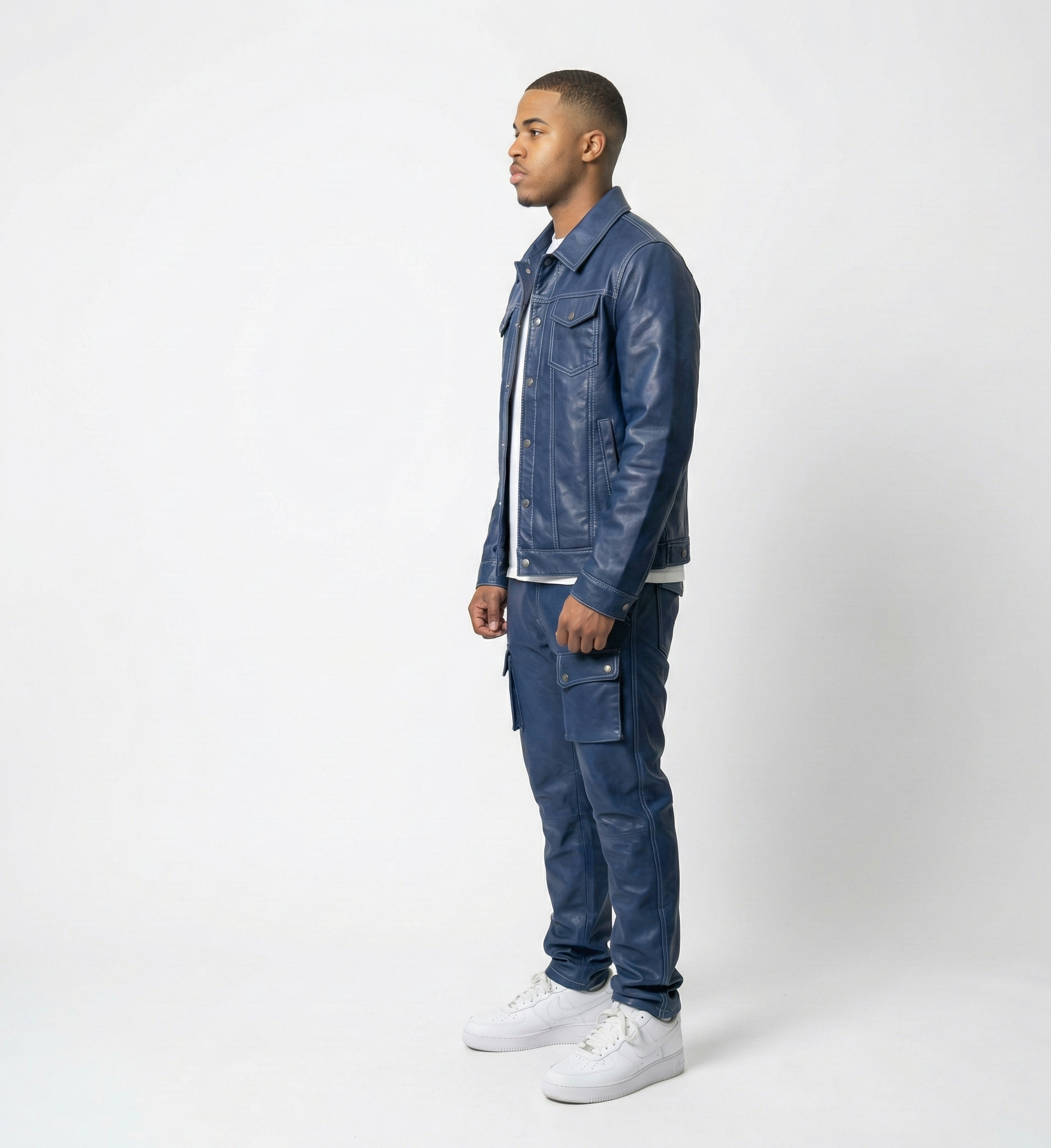 Men’s Navy Blue Denim Jacket and Cargo Pants Set – Casual Streetwear Set